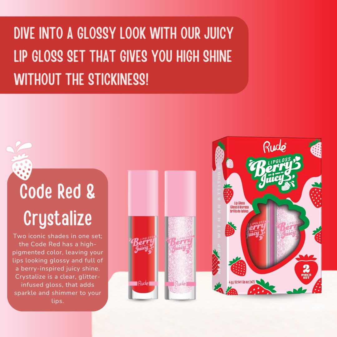RUDE Cosmetics Berry Juicy Lip Gloss Set - High Shine Moisturizing Lipgloss for Day & Night Makeup