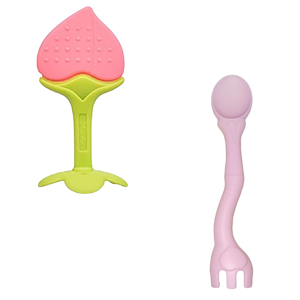 Kritiu Teether & Spoons Set - BPA-Free Silicone Baby Teething Toy & Feeding Utensils for Infants 6+ Months - Safe, Soft & Practical Baby Care Essentials (Peach & Pink) - Perfect for Soothing Sore Gums & Introducing First Foods