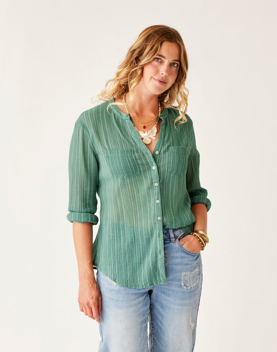Dylan Gauze Tunic Top - Forest Green Multi-Stripe Flowy Blouse for Women | Casual Summer Wear, Beach Cover-Up & Boho Outfit Essential