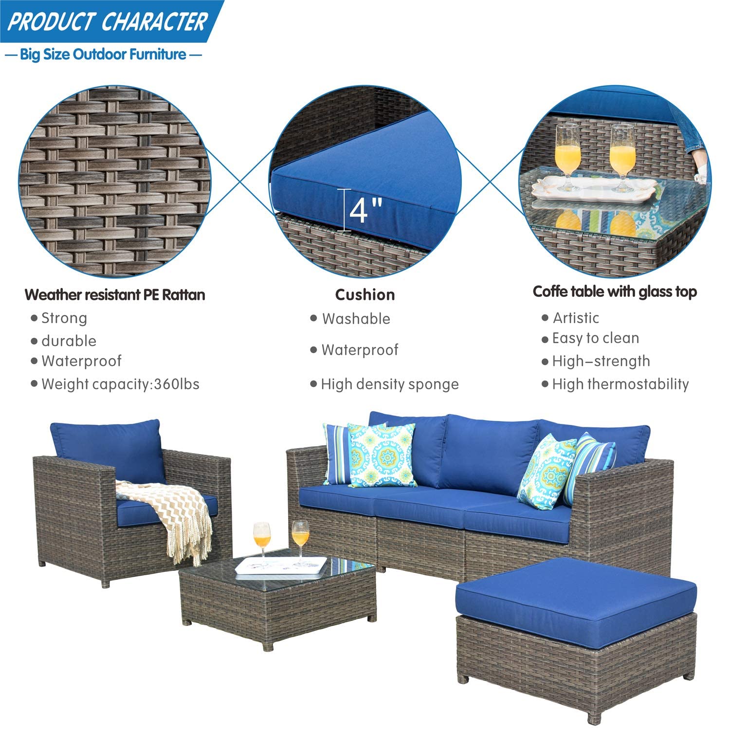 6-Piece Patio Furniture Set Outdoor Wicker Rattan Sectional Sofa with Comfy Cushions - All-Weather Assembled Grey Rattan & Navy Blue Cushion - No Assembly Required - Perfect for Backyard, Garden, Poolside or Balcony Relaxation