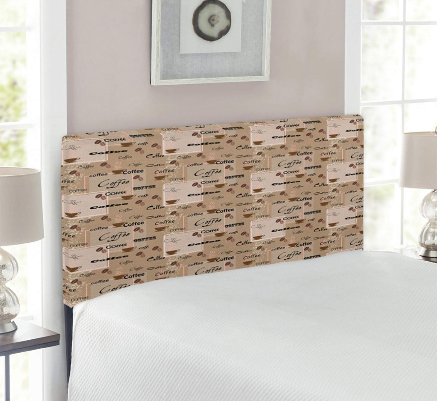 Ambesonne Coffee Themed Upholstered Headboard - Twin Size with Memory Foam, Vintage Coffee Typography Design on Abstract Backdrop (Pale Brown/Black) | Perfect for Bedroom Decor, Coffee Lover Gifts & Cozy Home Styling