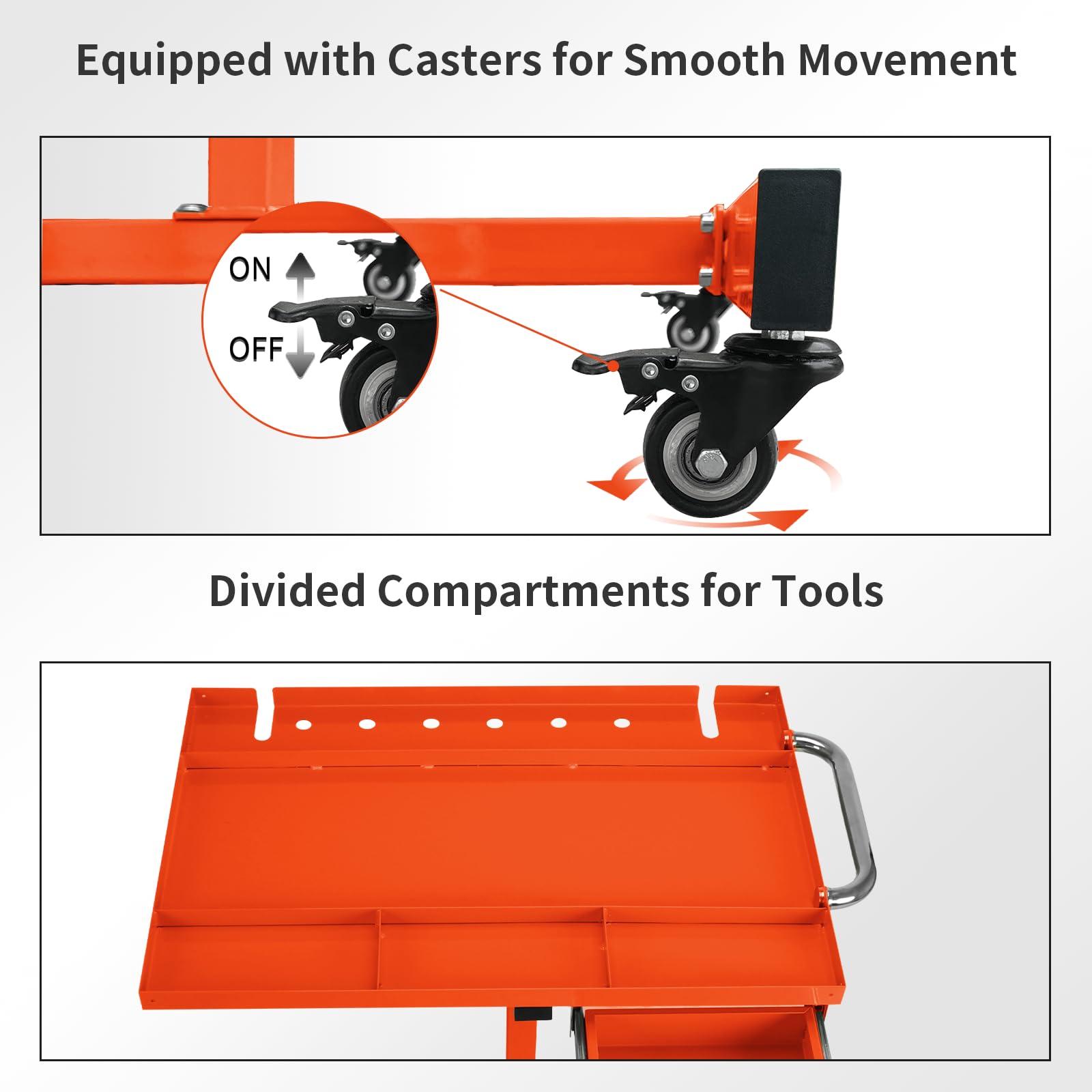 Heavy-Duty Rolling Tool Tray with Wheels - 29×20×34in Mobile Workbench with Drawers - 220lbs Capacity Mechanics Work Table for Garage, Workshop & DIY Projects - Perfect for Auto Repair, Woodworking & Home Improvement (Orange)