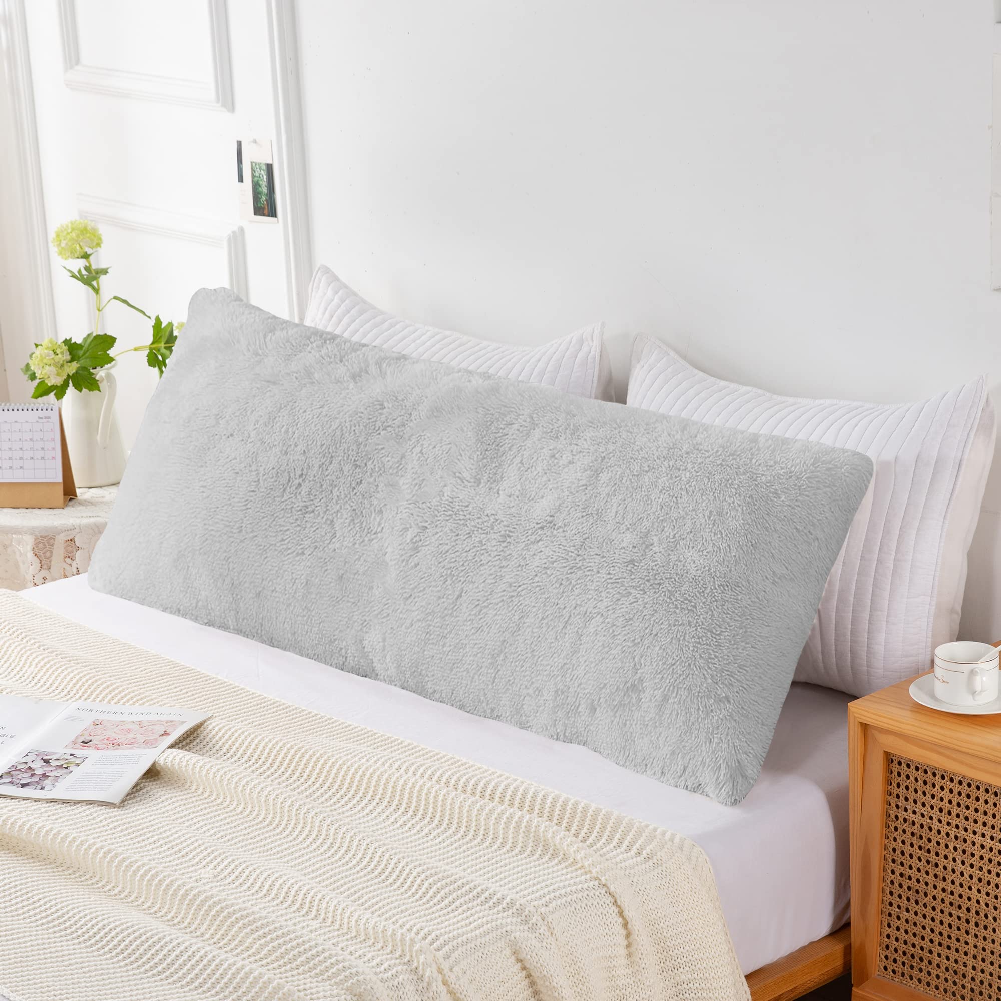 Soft Faux Fur Body Pillow Cover with Zipper - 21x54 Inch Sherpa Luxury Pillowcase for Adults & Kids - Light Grey - Perfect for Side Sleepers, Bedroom Decor & Cozy Nights