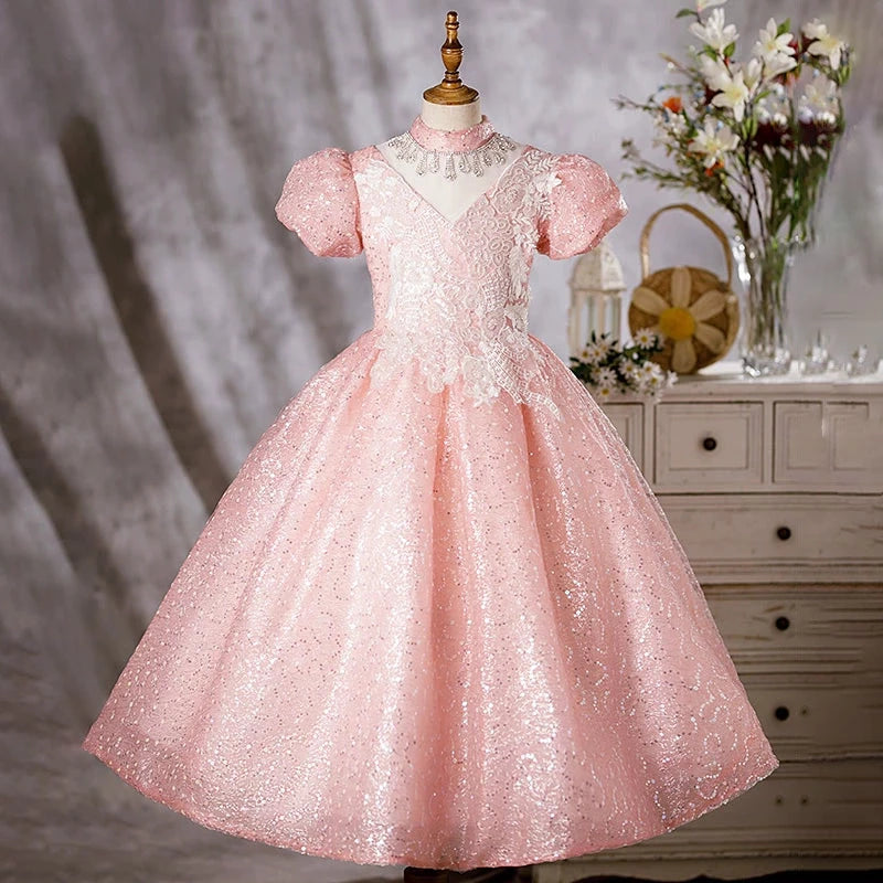 Pink Organza Flower Girl Dress with Mock Neck & Floor Length - Perfect for Weddings, Pageants, and Special Occasions