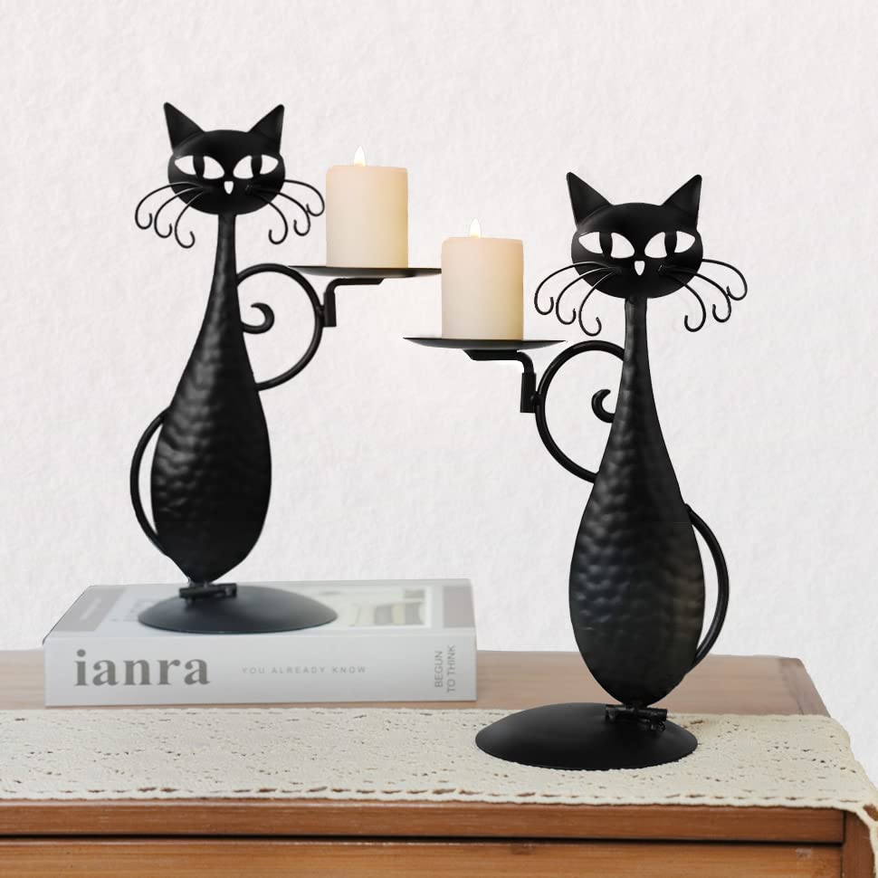 OFILLES Black Cat Candle Holder Set of 2 - Vintage Farmhouse Metal Candlestick for Pillar & LED Flameless Candles - Rustic Home Decor Centerpiece for Dining Table, Halloween, Housewarming Gift