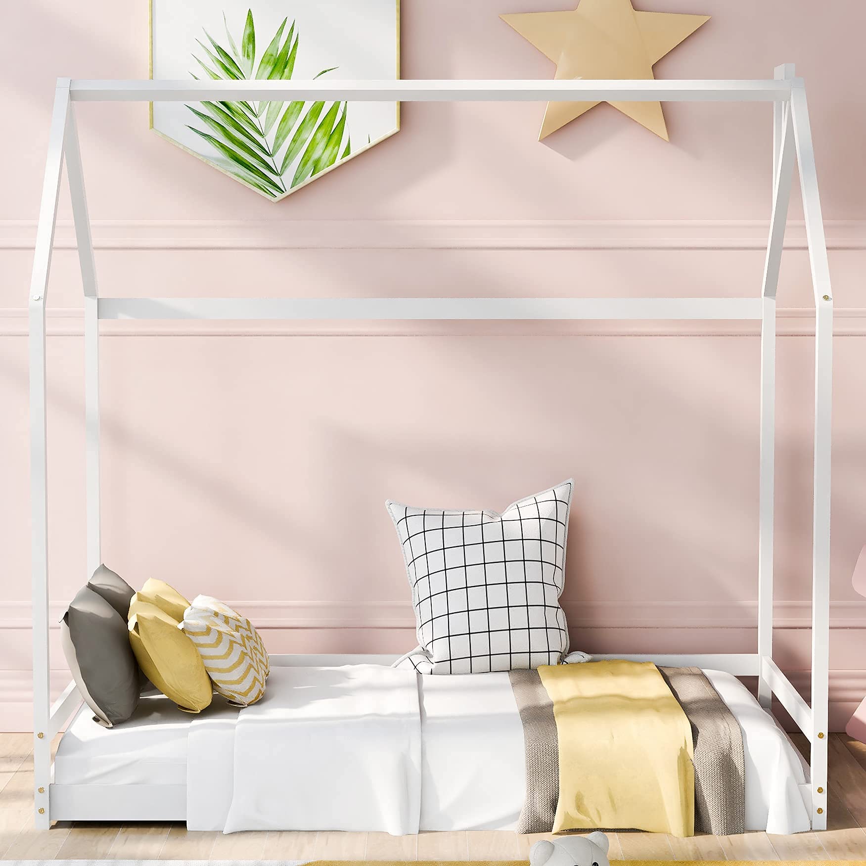 MERITLINE Twin Size House Bed Frame with Roof - Sturdy Wooden Loft Bed for Kids & Teens, Requires Box Spring - Perfect for Bedrooms, Playrooms & Dorm Decor