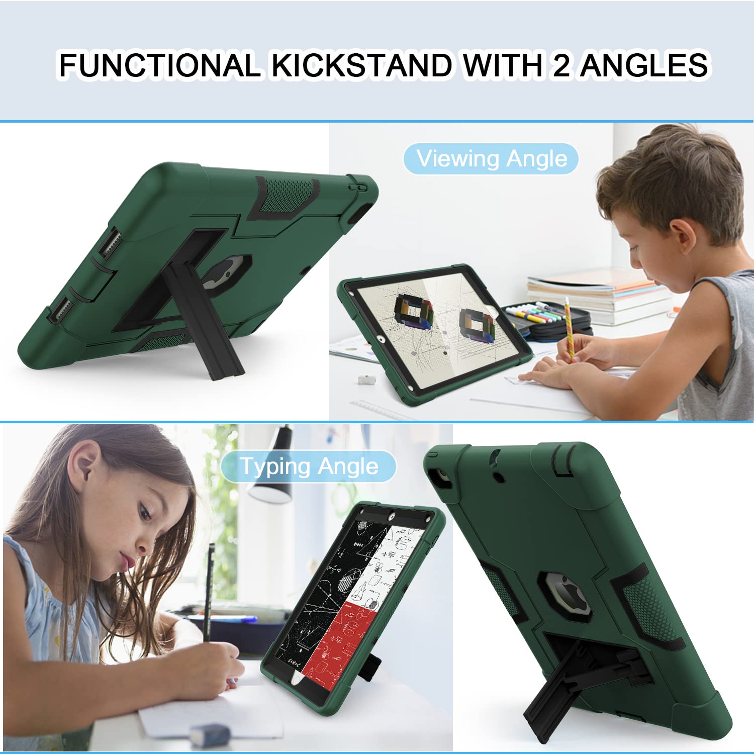 OKP Shockproof Rugged Case for iPad 6th/5th Gen & iPad Air 2 (9.7 inch) - Hybrid Protective Cover with Built-in Kickstand for iPad 2017/2018 Models (Alpine Green & Black) | Perfect for Work, Travel & Outdoor Use