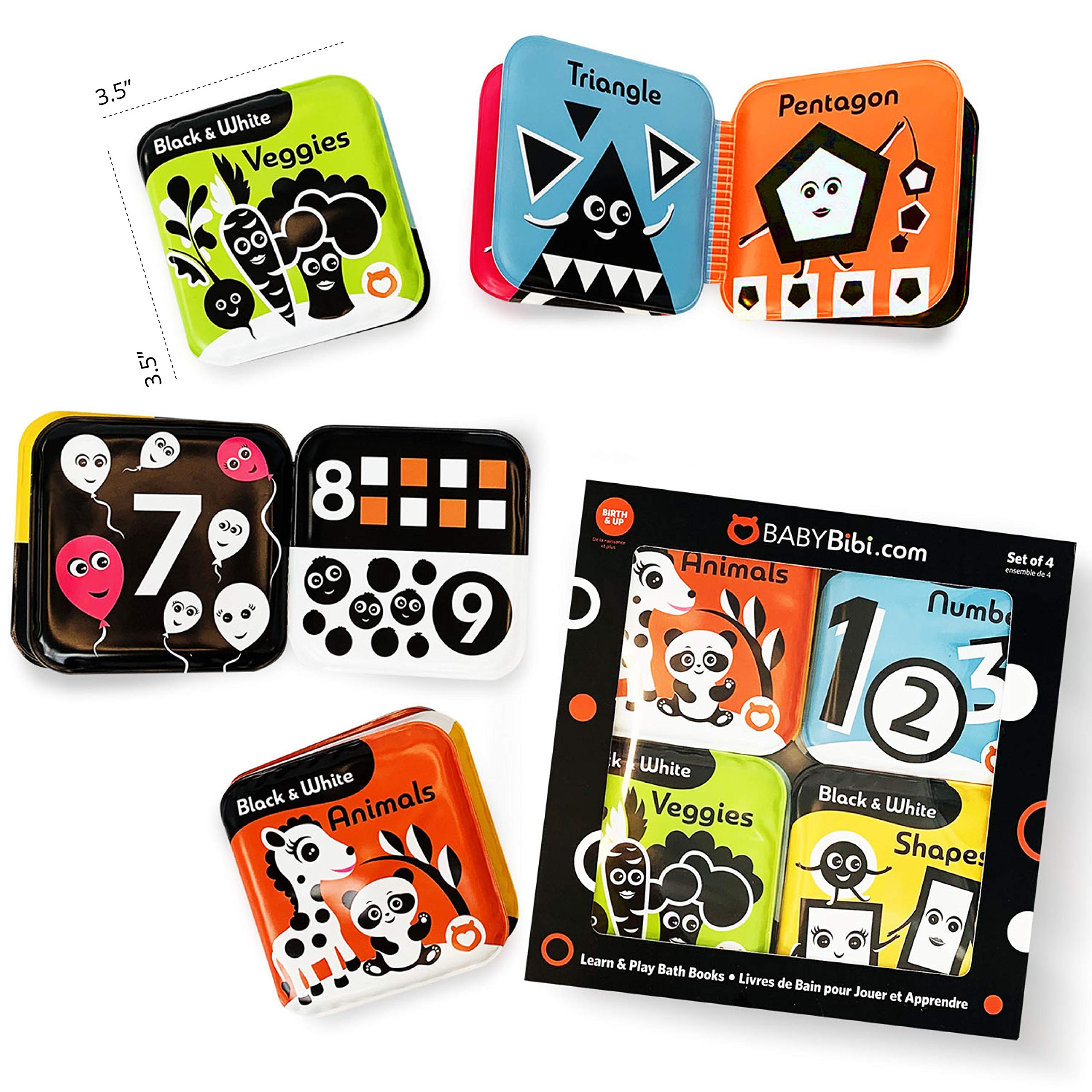 BabyBibi Waterproof Bath Books Set of 4 - Black & White High Contrast Books for Babies 3+ Months - Squeaky Sensory Toys for Early Development & Learning - ASTM Certified Safe - Perfect for Bathtime, Tummy Time & Playtime