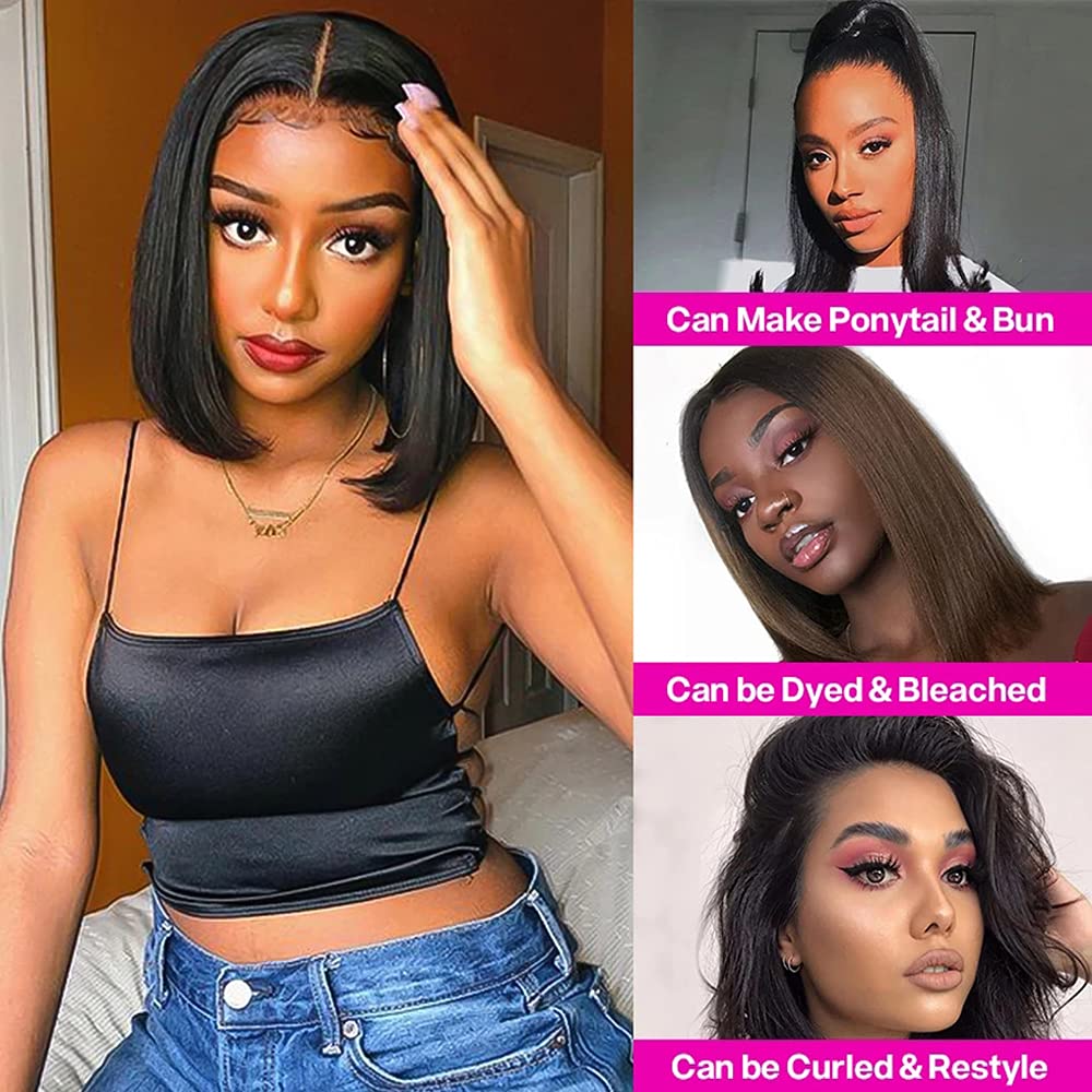 13x4 Transparent HD Lace Front Wig - Brazilian Remy Virgin Human Hair Bob Wig for Black Women | Silky Straight Short 14 Inch with Bleached Knots, Baby Hair & Pre-Plucked Hairline | 150% Density for Daily Wear, Parties & Special Occasions