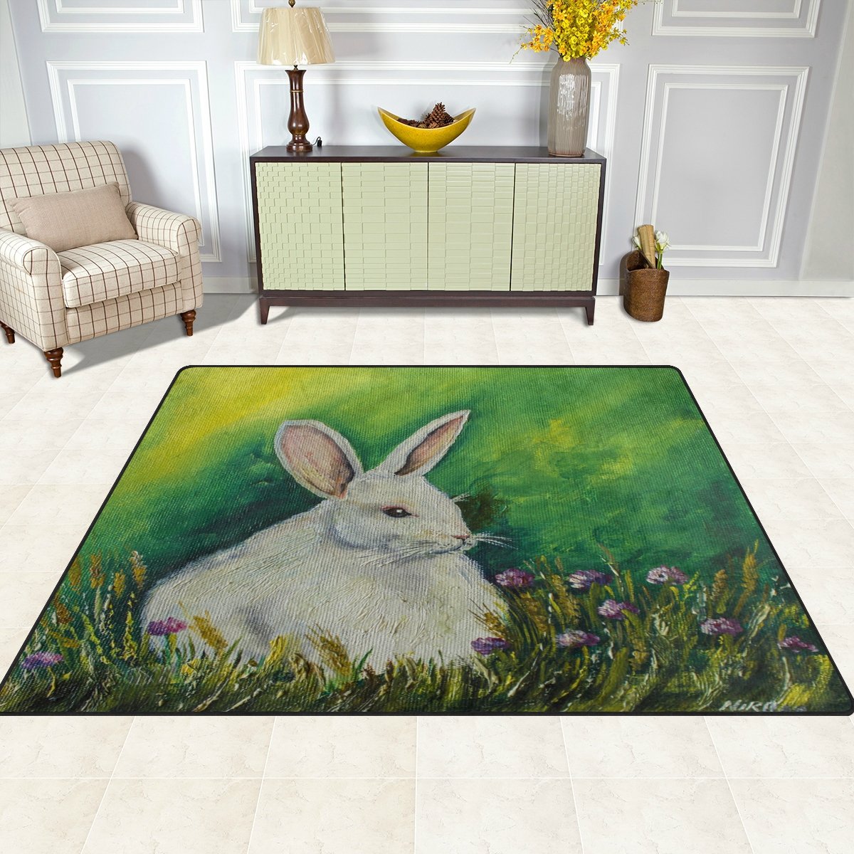 ALAZA Easter Bunny Oil Painting Area Rug - 7' x 5' Soft Floral Rabbit Carpet for Living Room, Bedroom, Nursery - Perfect for Spring Decor & Holiday Home Accents