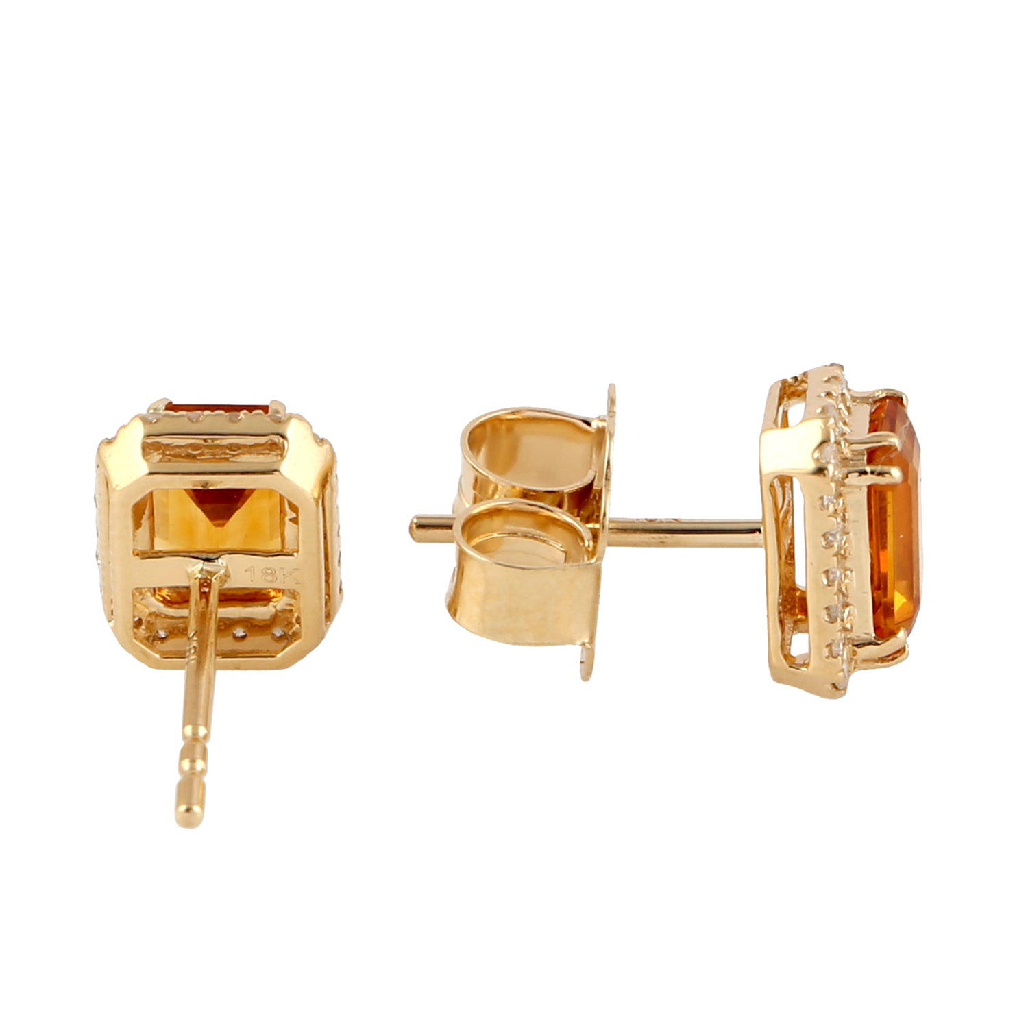 Emerald Cut Citrine Pave Diamond 18k Solid Yellow Gold Stud Earrings | Elegant Gemstone Jewelry for Women | Perfect for Weddings, Parties & Special Occasions