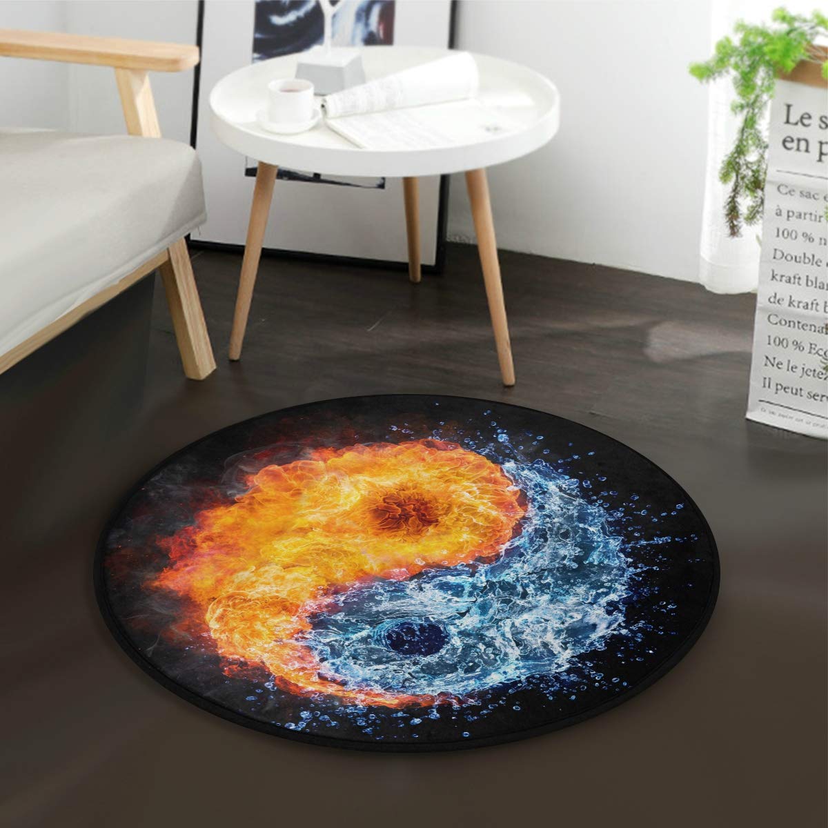 ALAZA Yin Yang Fire and Water Round Area Rug - 3' Diameter (92 cm) - Soft Non-Slip Boho Rug for Living Room, Bedroom, Yoga Studio & Meditation Space