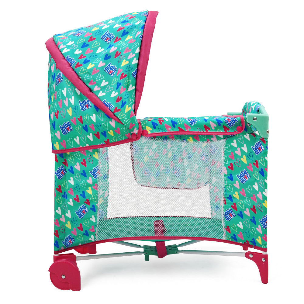 Baby Alive Deluxe Doll Play Yard with Canopy - Green & Pink Hearts Design for Toddlers | Indoor & Outdoor Pretend Play, Backyard Fun, Birthday Gift for Girls