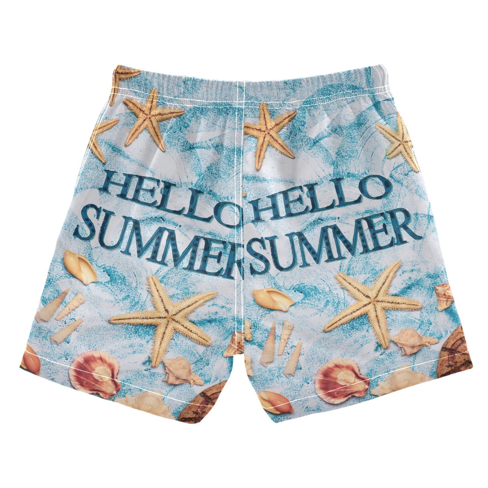 Quick Dry Boys Swim Trunks for Teens & Toddlers - Hello Summer Starfish Seashells Design | Beach, Pool & Water Play Outfit
