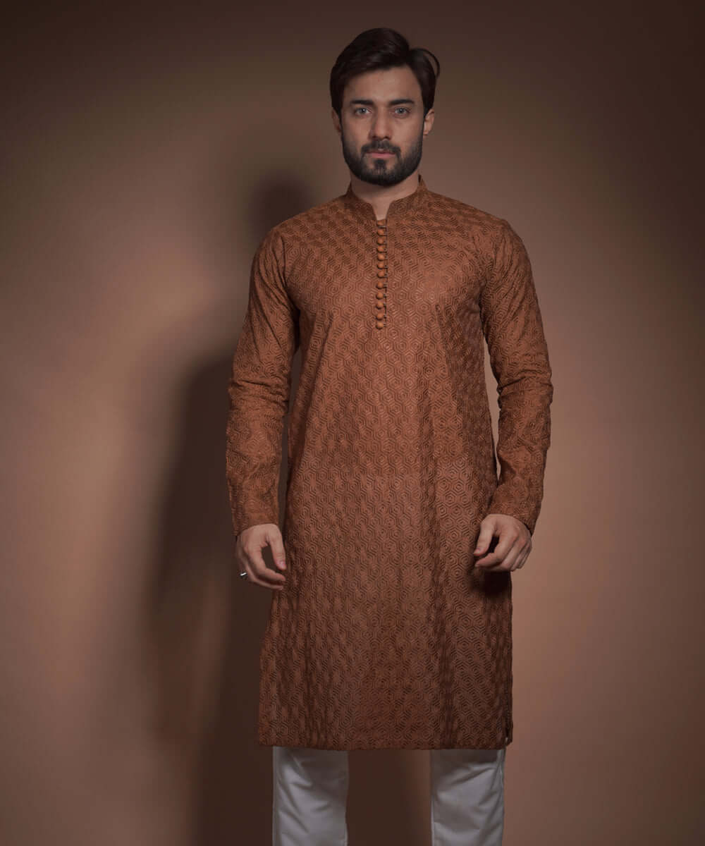Elegant Burnt Sienna Brown Honeycomb Chikankari Kurta - Traditional Indian Embroidered Tunic for Women | Perfect for Festivals, Weddings & Casual Wear