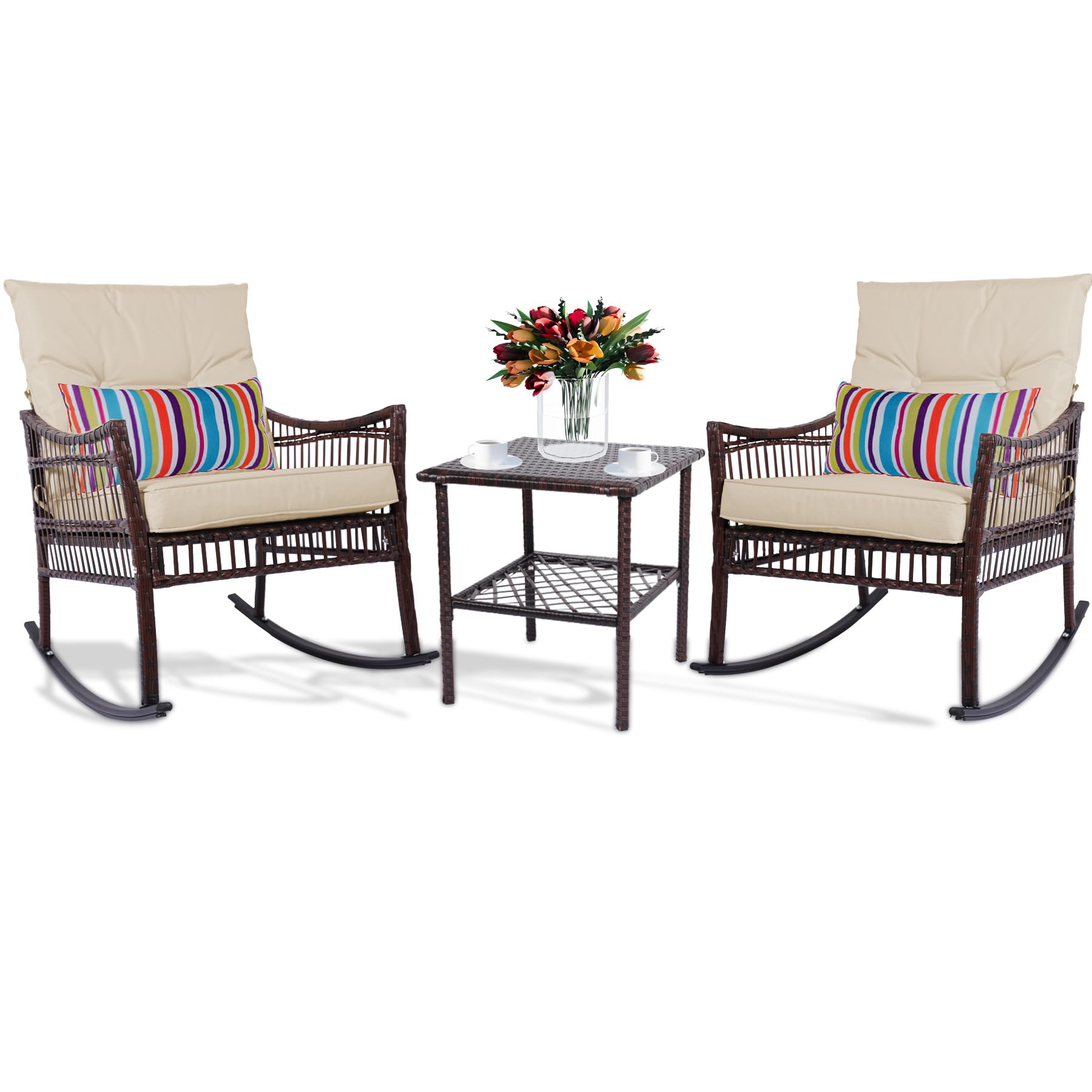 DECMICO 3-Piece Outdoor Patio Furniture Set - Wicker Rocking Chairs with Coffee Table, Rattan Bistro Set for Garden, Balcony, and Backyard - Brown Beige Cushion - Perfect for Relaxing, Entertaining, and Outdoor Dining