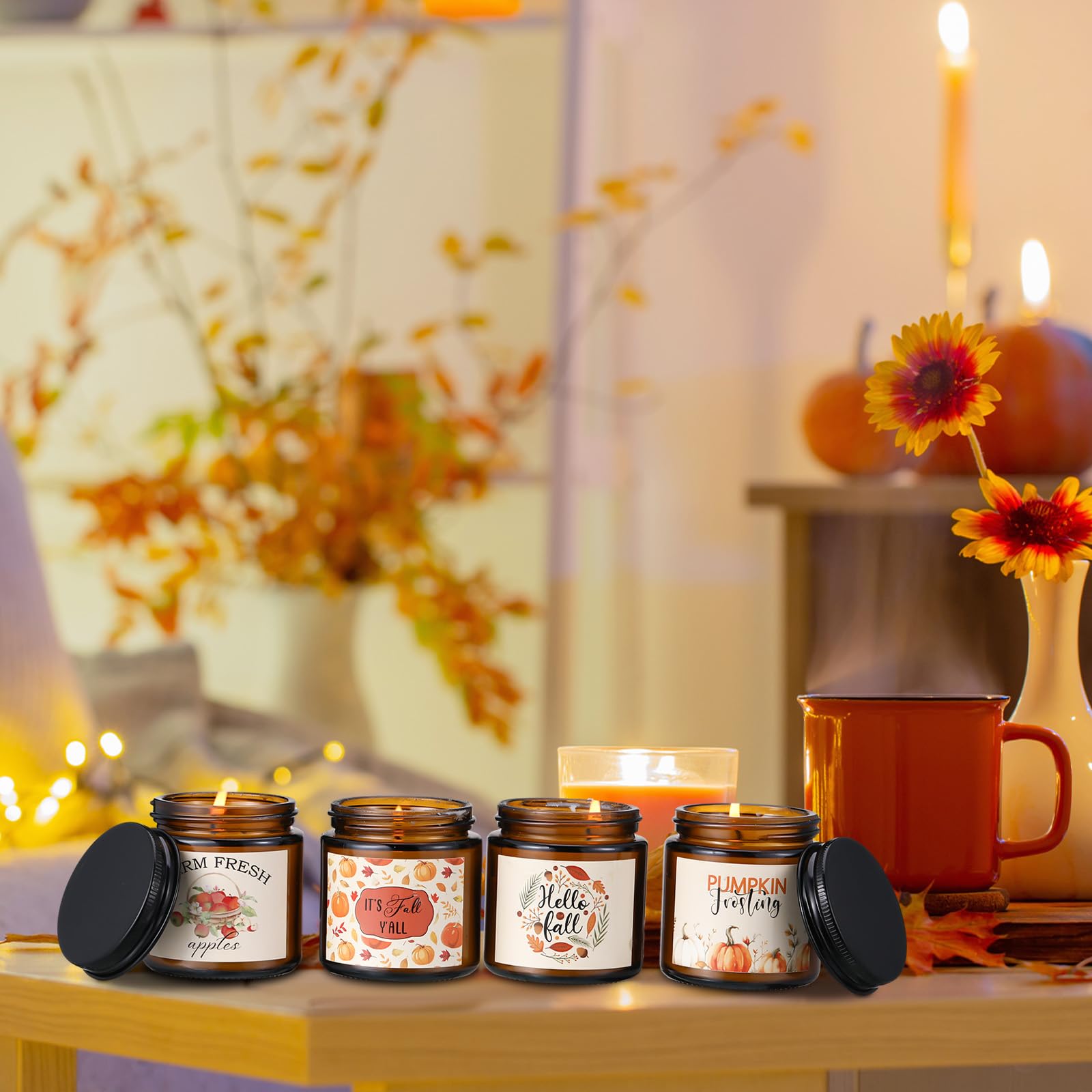 4 Pcs Fall Scented Candles Set - Pumpkin Spice & Autumn Aromas, Thanksgiving Home Decor Gifts for Mom, Sister & Friends | Cozy Holiday Ambiance for Living Room, Dining Table & Seasonal Celebrations