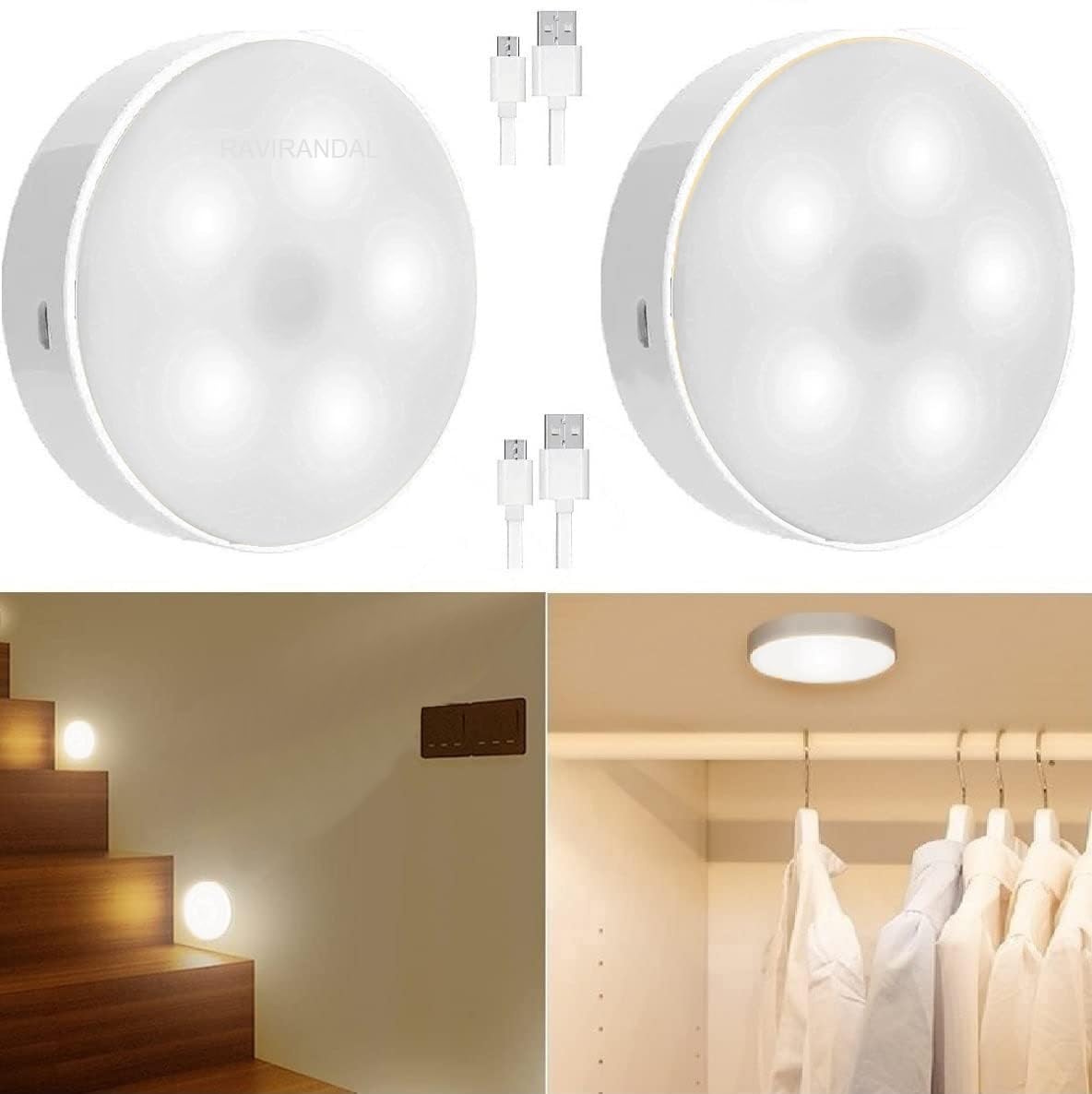 RAVIRANDAL Wireless Motion Sensor Light with USB Charging - Self Adhesive LED Magnetic Night Light for Home, Closet, Stairs & Hallway - Rechargeable Motion Activated Lighting (1 Pack)