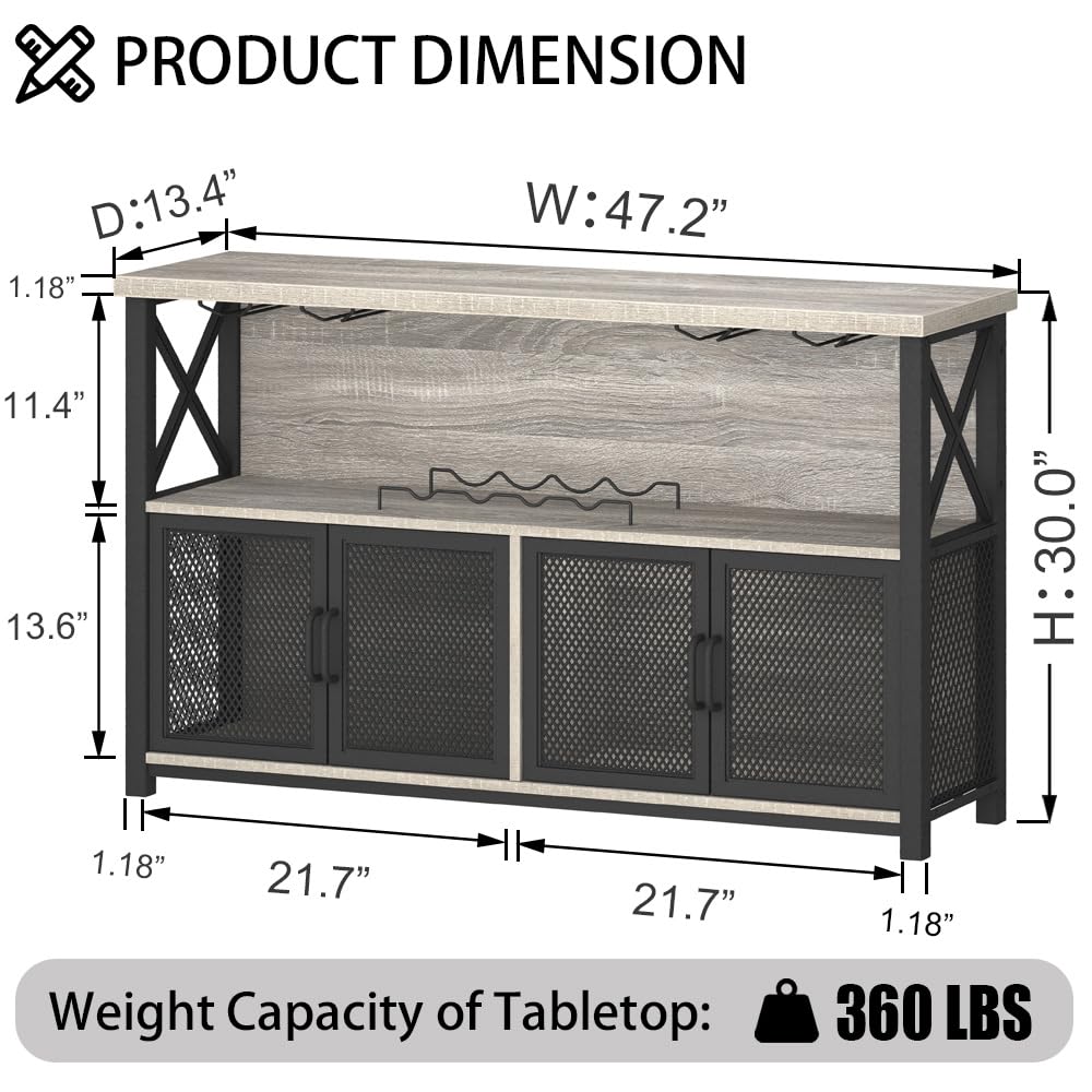 LVB Industrial Farmhouse Coffee Bar Cabinet with Wine Rack Storage - Modern Sideboard Buffet for Liquor, Glasses & Kitchen Essentials - Light Grey Oak 47 Inch for Dining Room, Living Room & Home Bar Decor