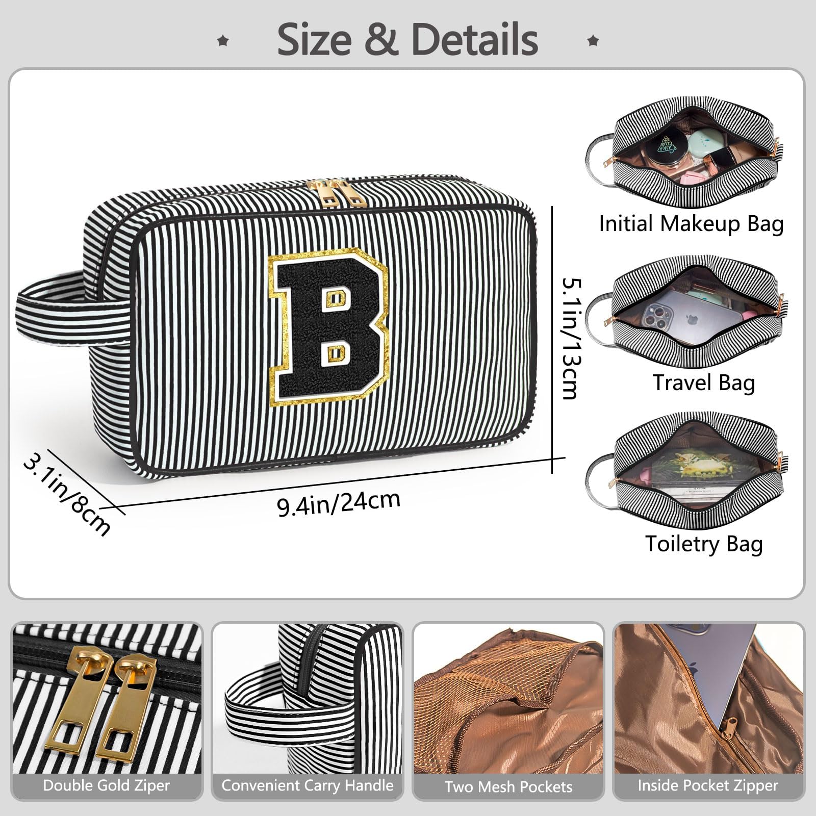Personalized Initial Makeup Bag for Women - Black Cosmetic Pouch Travel Toiletry Organizer | Birthday Valentine's Day Gift for Her, Mom, Girlfriend | Perfect for Travel, Gym, Bridal Shower & Everyday Use