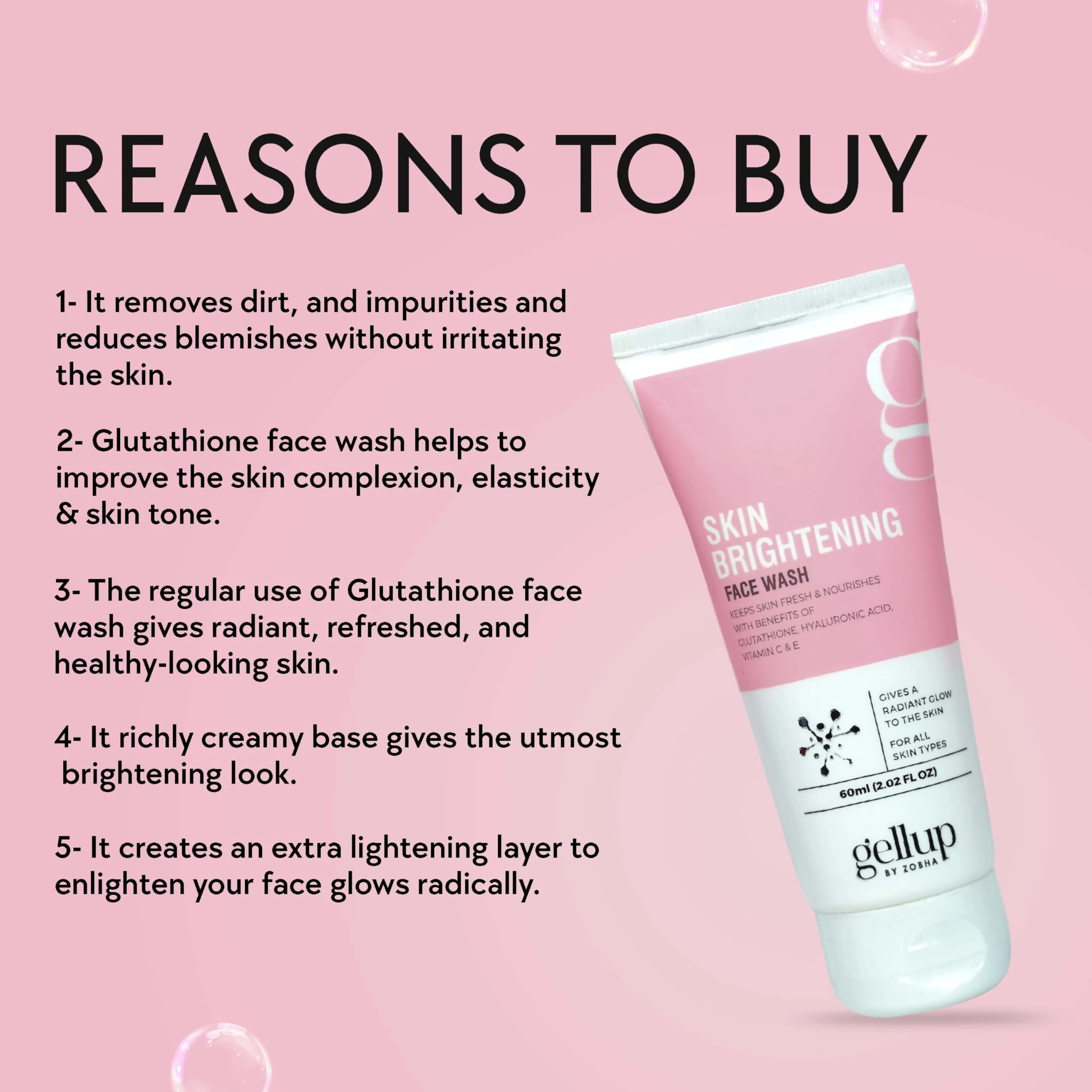Zobha Glutathione Skin Brightening Face Wash with Hyaluronic Acid, Vitamin C & E - Gentle Cleanser for All Skin Types (60ml) | Daily Brightening & Hydrating Facial Cleanser for Glowing Skin
