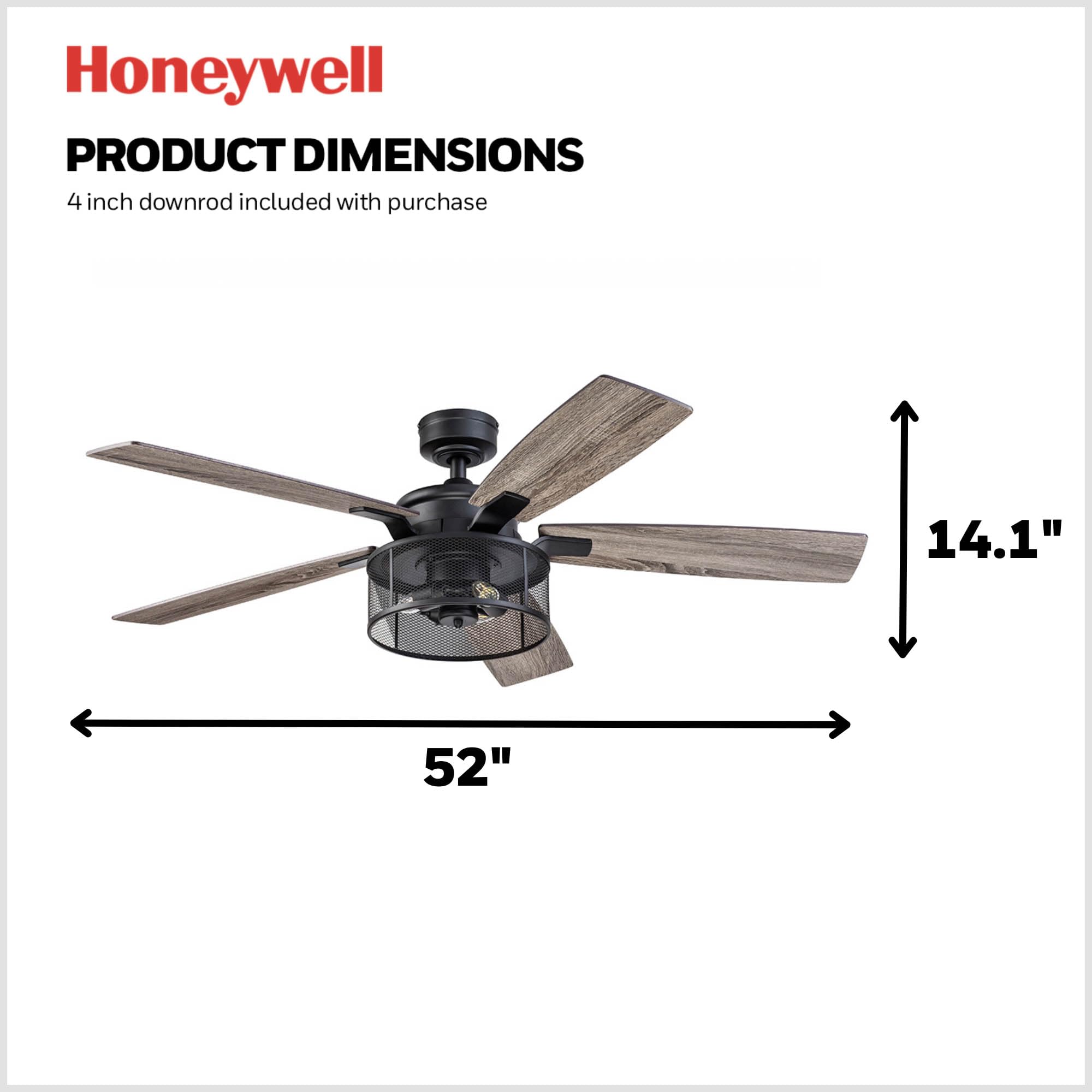 Honeywell Carnegie 52 Inch Industrial Ceiling Fan with LED Light and Remote Control - 5 Blades, Matte Black Finish (50614-01) - Perfect for Living Room, Bedroom, and Office Spaces