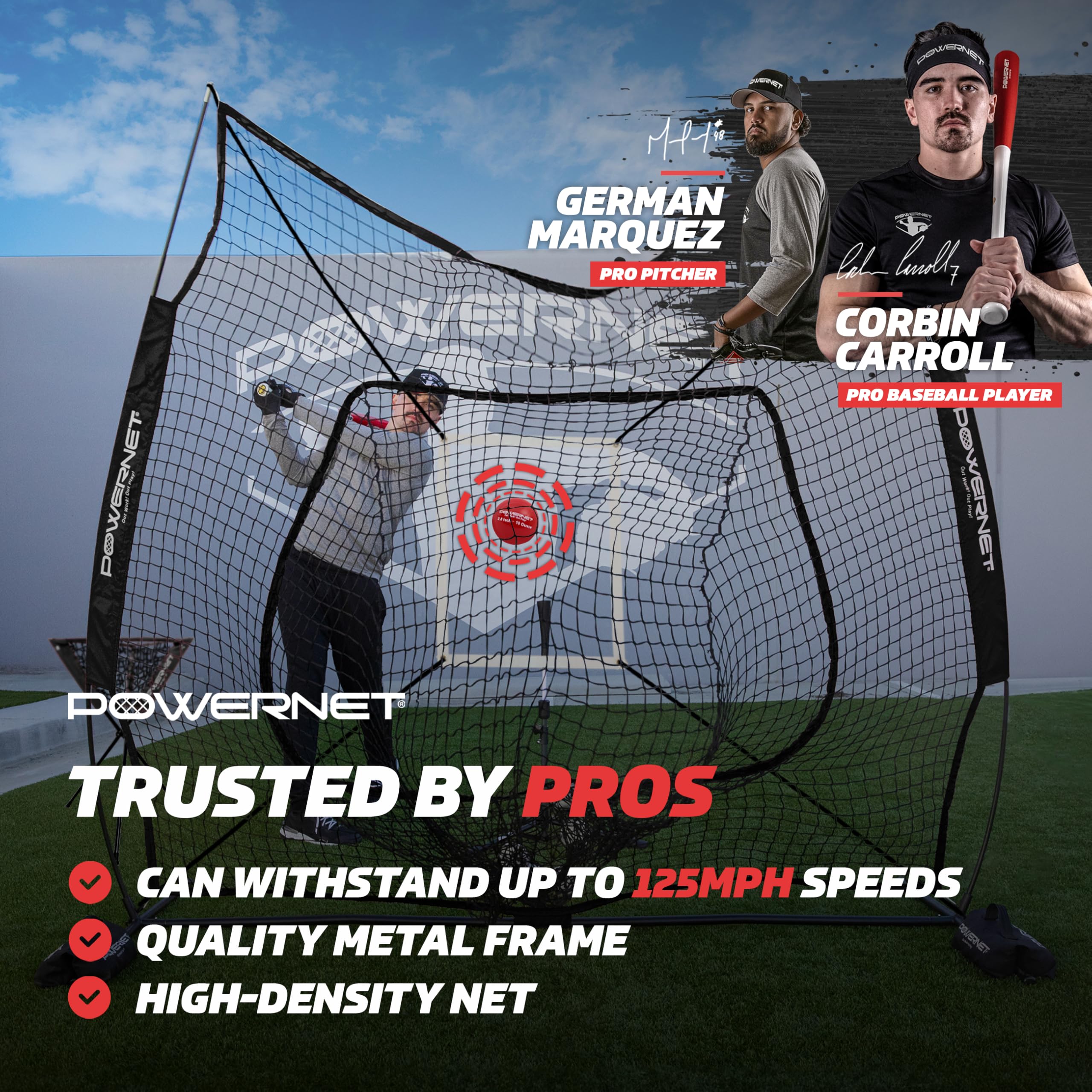 PowerNet 7x7 Baseball & Softball Training Net with Pitching, Batting & Fielding Accessories - Includes Ball Caddy, Weighted Baseballs & Hitting Tee - Perfect for Backyard Practice, Team Drills & Solo Training Sessions
