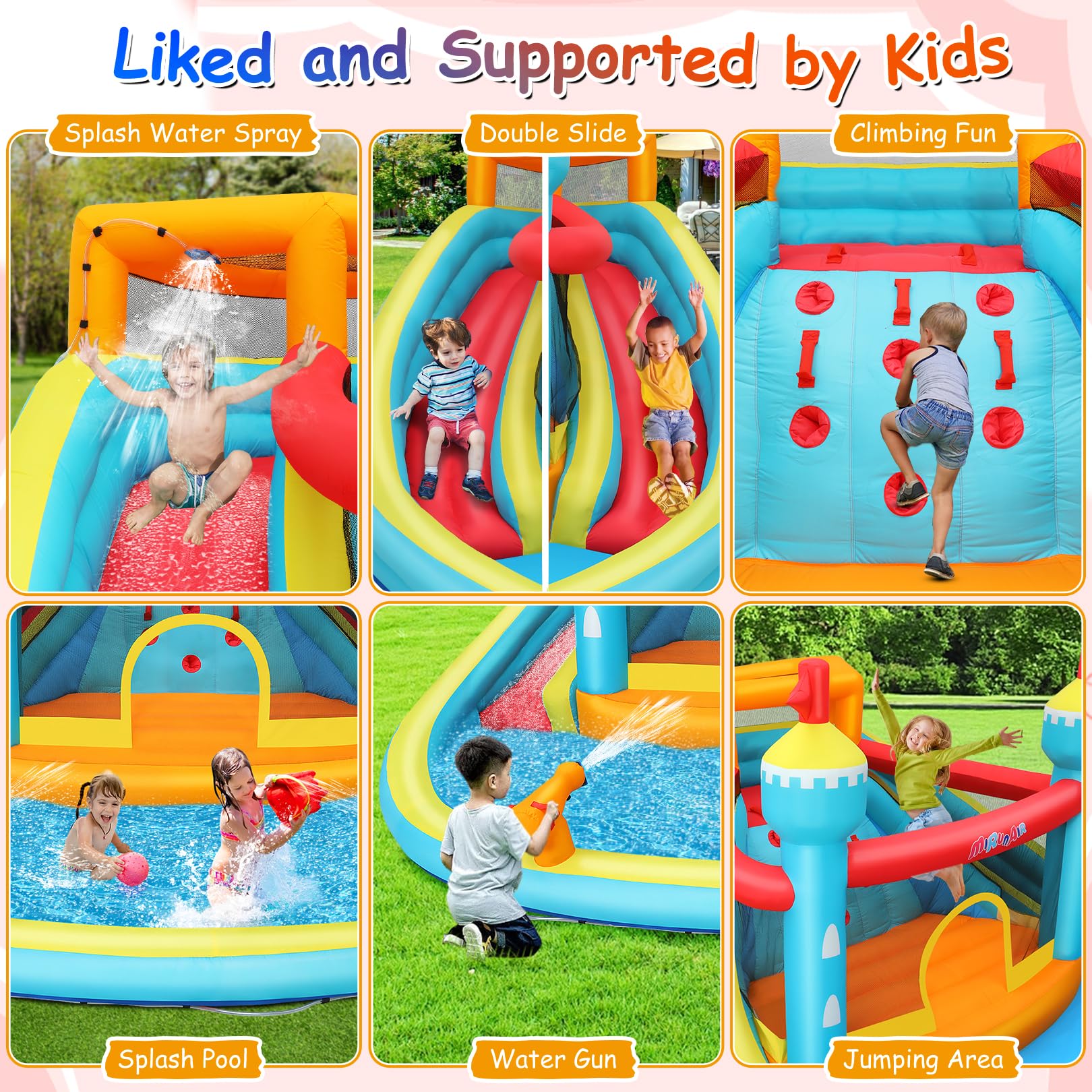 10-in-1 Inflatable Water Slide Park with Splash Pool, Jump Area, Climbing Wall & Water Cannons - 520W Blower Included | Perfect for Backyard Summer Fun, Kids Birthday Parties & Outdoor Water Play (Blue-Orange)