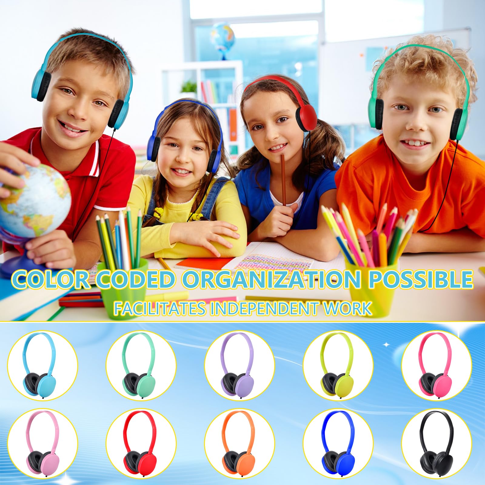 100 Pack Bulk Classroom Headphones for Kids - Durable School Headphones for Students, Children, Toddlers, Boys, Girls, Teens & Adults (10 Color Options) - Perfect for Classroom Learning, Online Education & Computer Labs