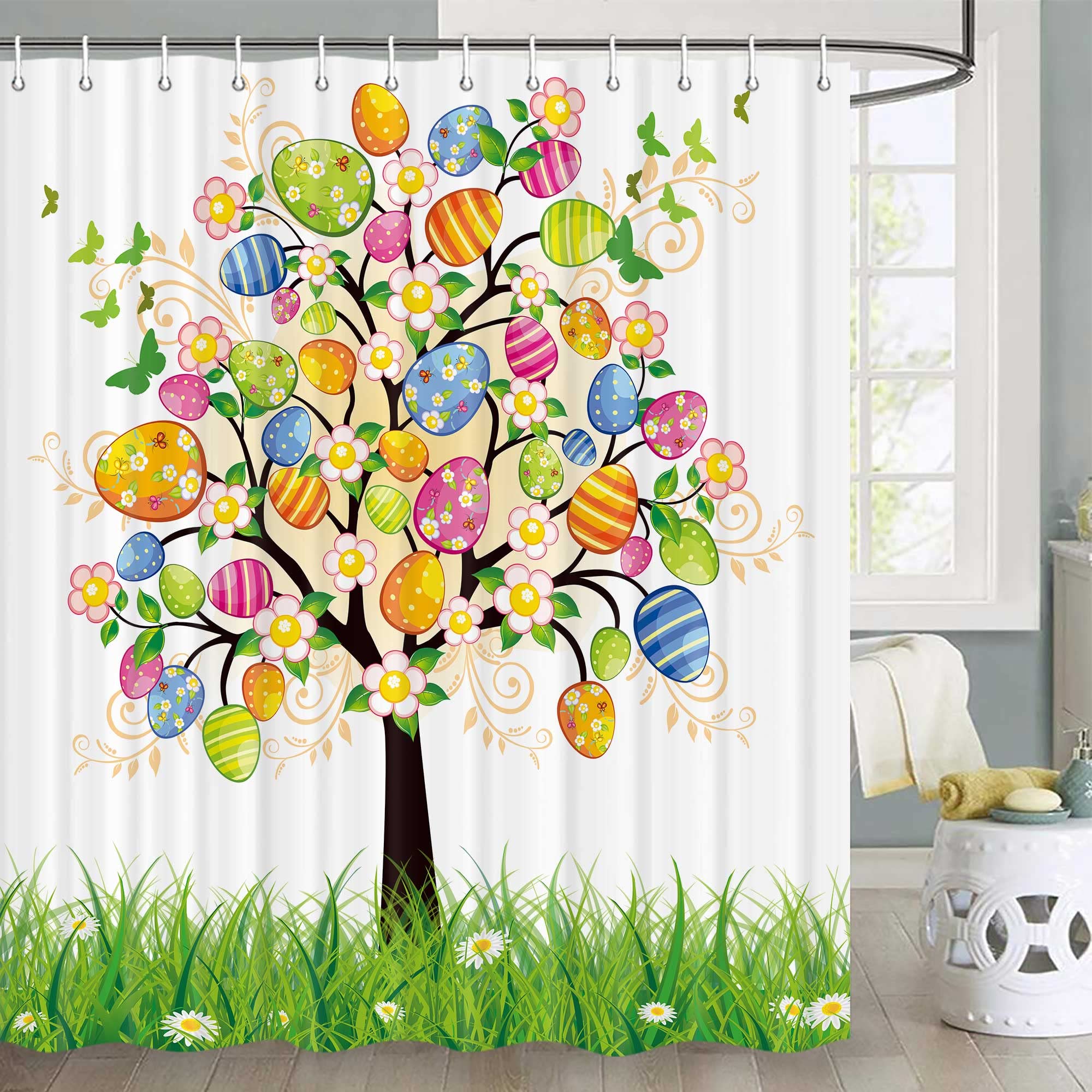 JAWO Easter Shower Curtain - Floral Painted Eggs & Butterflies Design, 72x72 Inch Spring Bathroom Decor with Hooks - Perfect for Easter, Spring Season & Farmhouse Bathroom Decor