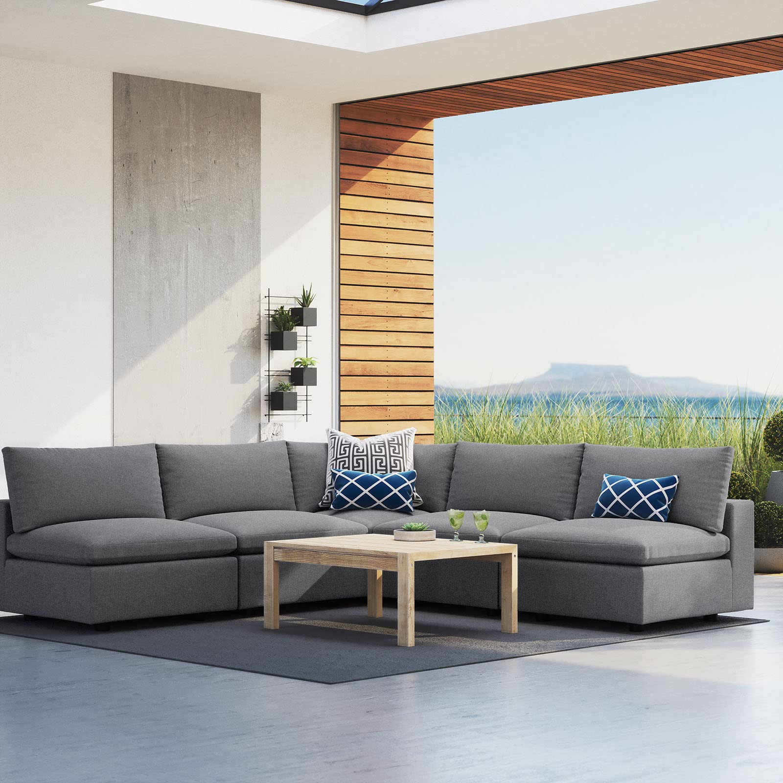 Modway Commix 5-Piece Outdoor Patio Sectional Sofa Set - L-Shaped Armless Design with Sunbrella Gray Fabric - Perfect for Backyard, Poolside & Garden Relaxation