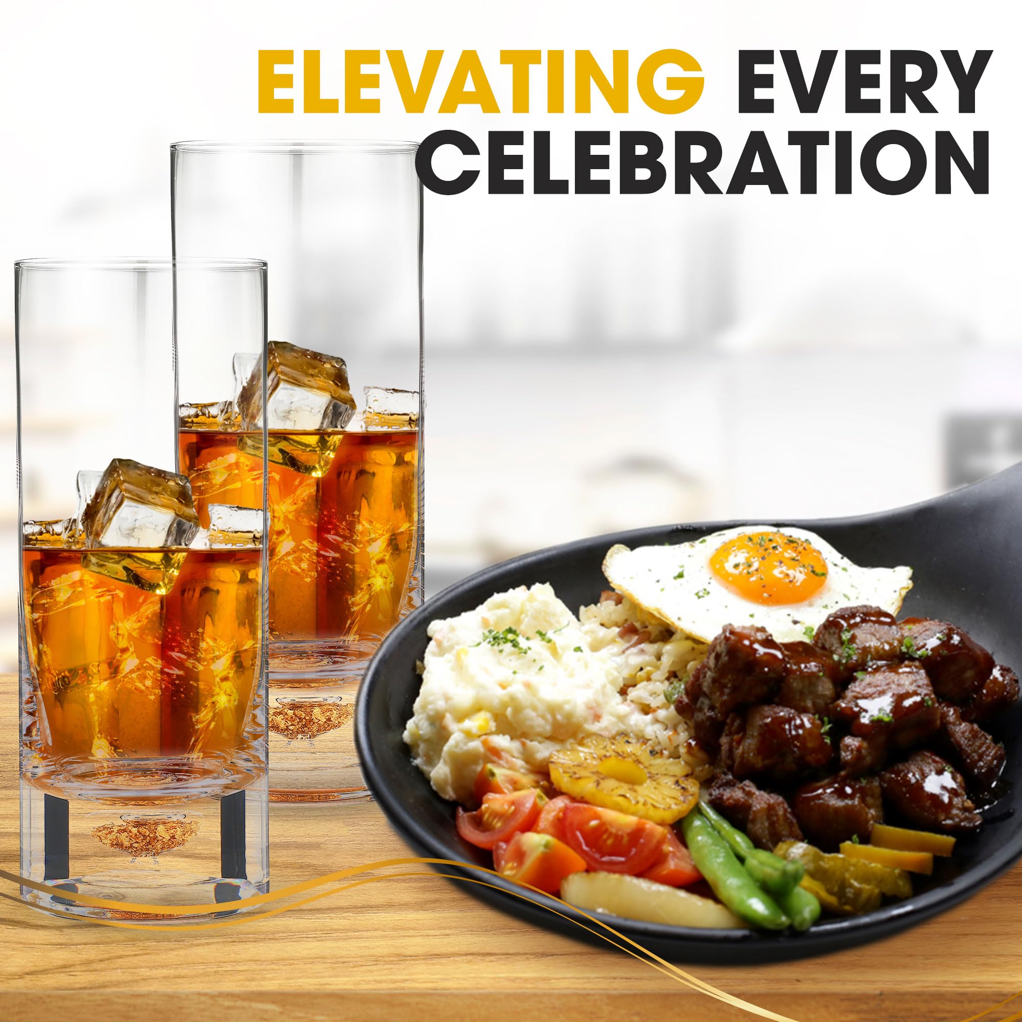 Premium 8.5oz Highball Glasses Set of 6 - Elegant Gold Flake Cocktail & Tom Collins Drinking Glasses for Whiskey, Gin, Iced Tea & Party Entertaining - Dishwasher Safe Barware