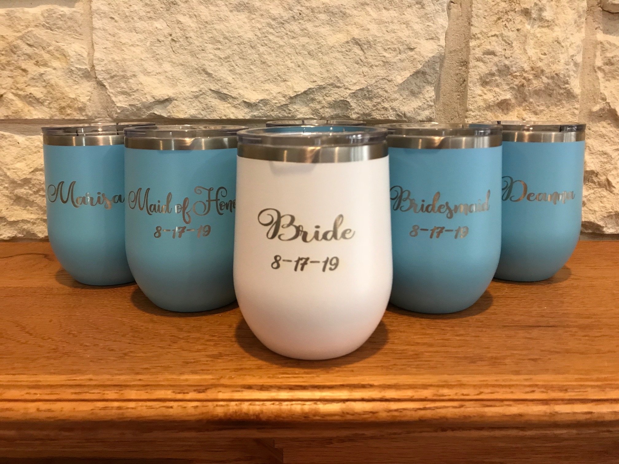 Personalized Stainless Steel Stemless Wine Glass Tumbler - 12oz Double Wall Vacuum Insulated (Light Blue) - Engraved Front & Back - Perfect for Gifts, Parties, and Outdoor Wine Tasting