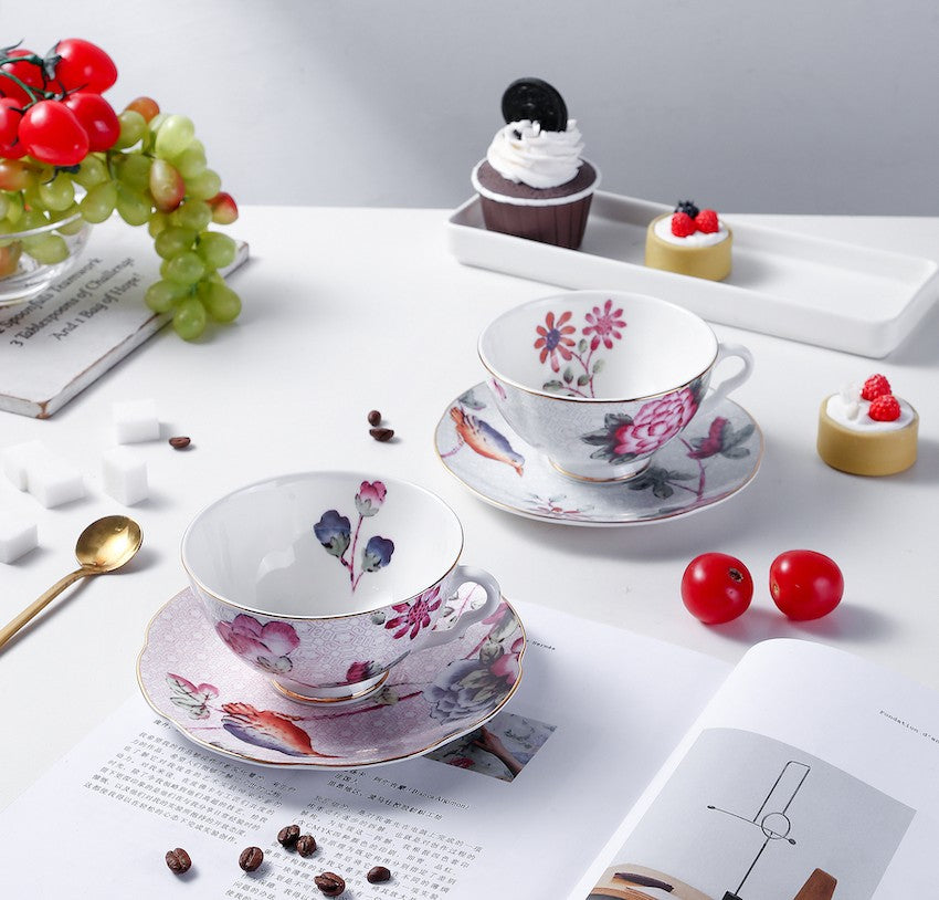 Elegant Ceramic Coffee Cups Set - Creative Bone China Porcelain Tea Cups with Saucers - British Floral Design for Home, Office & Gifts - Perfect for Afternoon Tea, Coffee Break & Decor