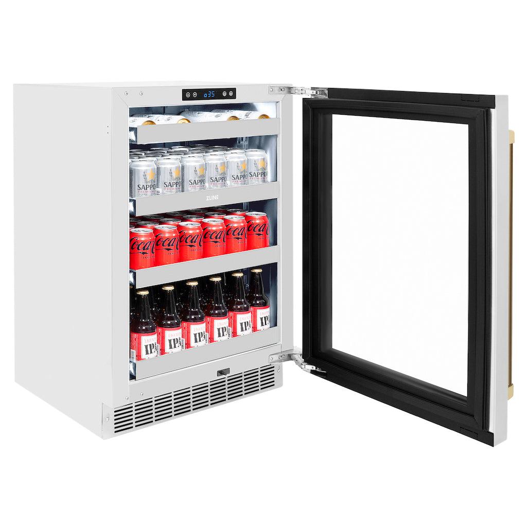 ZLINE Autograph Edition 24 Inch Touchstone 151 Can Beverage Refrigerator - Stainless Steel Glass Door with Champagne Bronze Handle - Compact Wine & Beer Cooler for Home Bar, Kitchen, or Office Use (RBSOZ GS 24 CB)