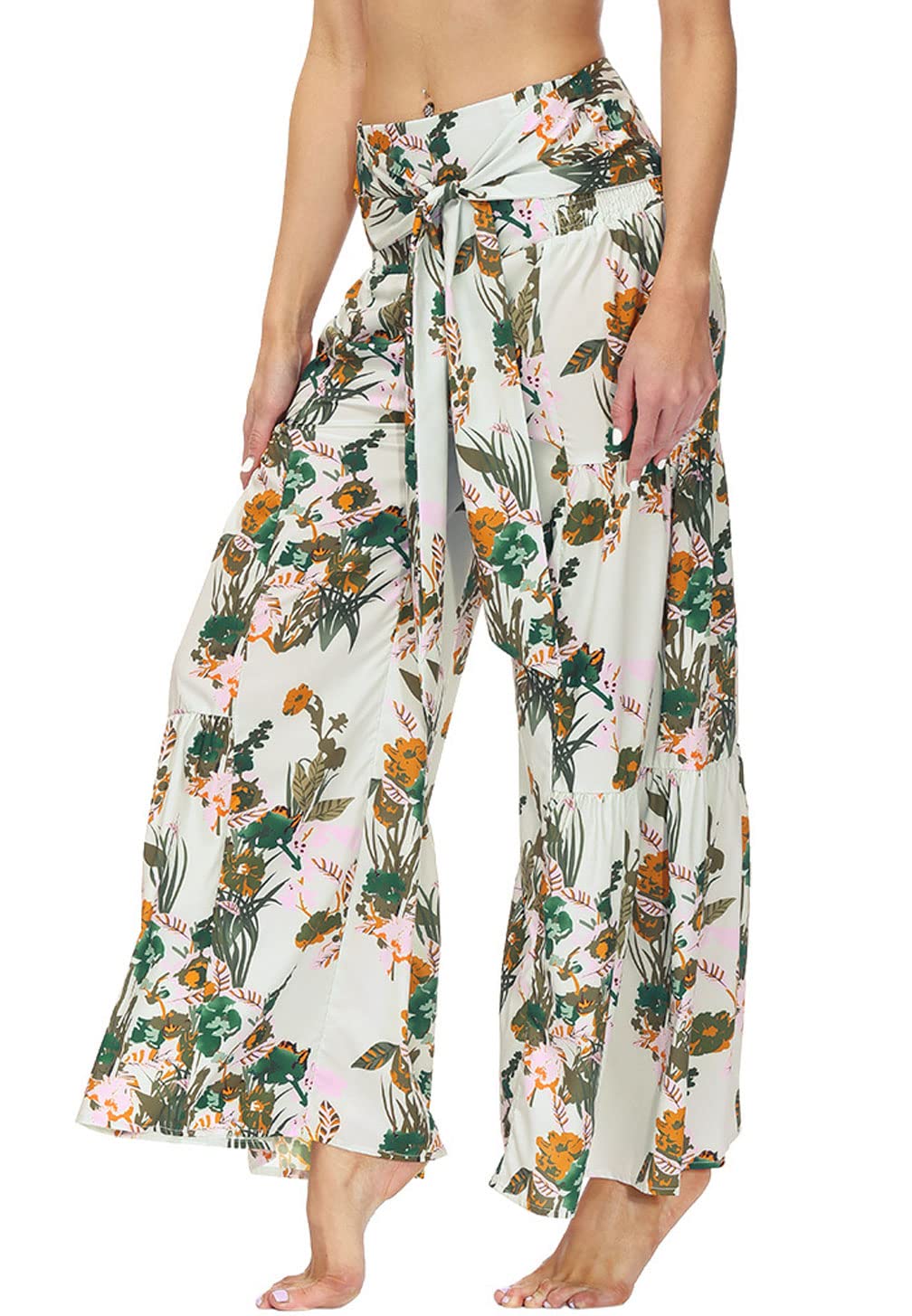 GGUHHU Women's High Waist Wide Leg Beach Pants - Floral Print Pleated Palazzo Trousers with Adjustable Belt | Summer Vacation, Boho Outfit, Casual Wear, Resort Style