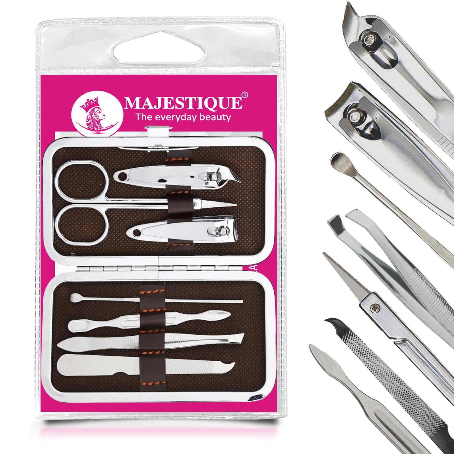 Majestique 7-in-1 Professional Manicure Kit - Stainless Steel Nail Clippers, Scissors, Cuticle Pusher, Nail File & Blackhead Remover - Portable Travel Grooming Set for Women & Men - Ideal for Home, Travel, Salon, Spa & Daily Nail Care - Perfect Gift for Beauty Enthusiasts