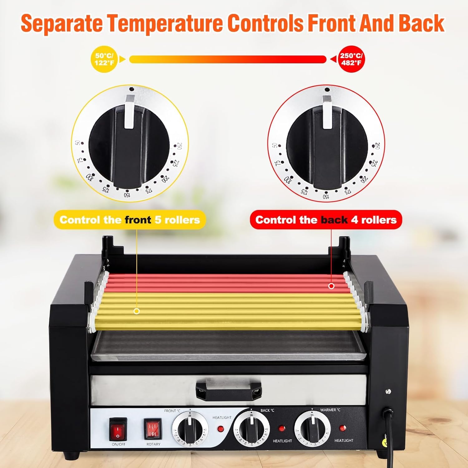 18-Roller Hot Dog Machine with 7 Sausage Grills & Bun Warmer - 1350W Stainless Steel Commercial Hot Dog Roller Grill - Glass Lid, Dual Temp Control, Timer & Drip Tray - Perfect for Parties, Home Use & Food Stands