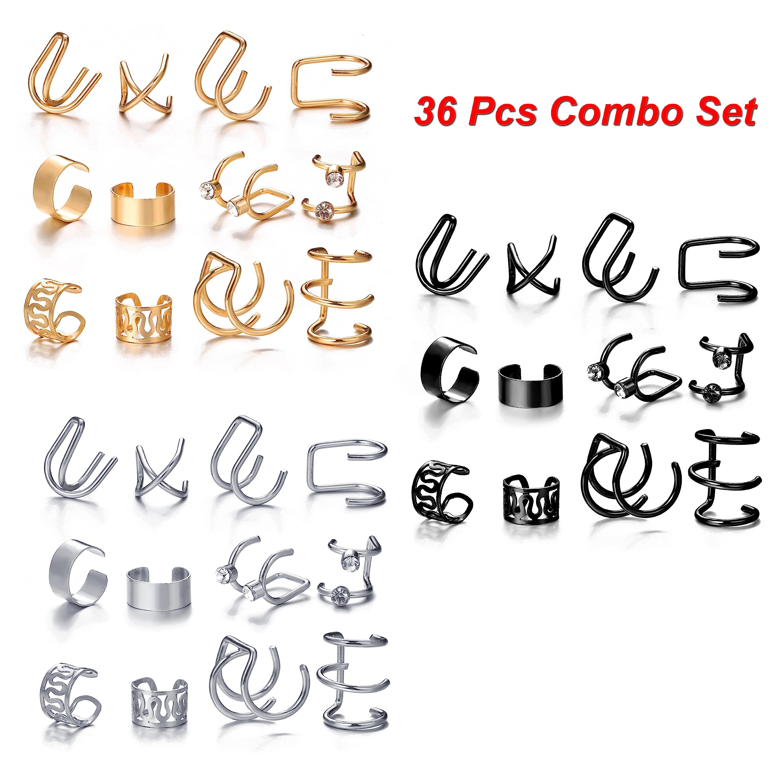 Shining Diva 36-Piece Clip-On Ear Cuff Set - Fashion Punk Earrings for Women & Men (Gold/Silver/Black) - Non-Piercing Cartilage Earrings for Parties, Concerts & Everyday Wear