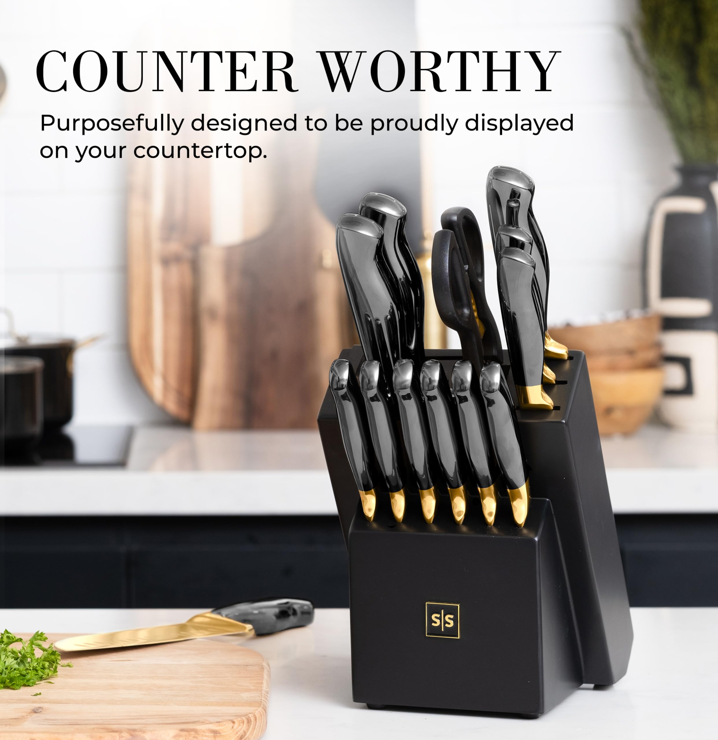 Premium 14-Piece Black & Gold Knife Set with Wooden Block & Built-in Sharpener - Full Tang Kitchen Knives for Cooking, Slicing & Food Prep - Luxury Gold Kitchen Accessories Gift Set for Chefs & Home Cooks - Perfect for Holiday Gifting, Wedding Registry & Professional Kitchens