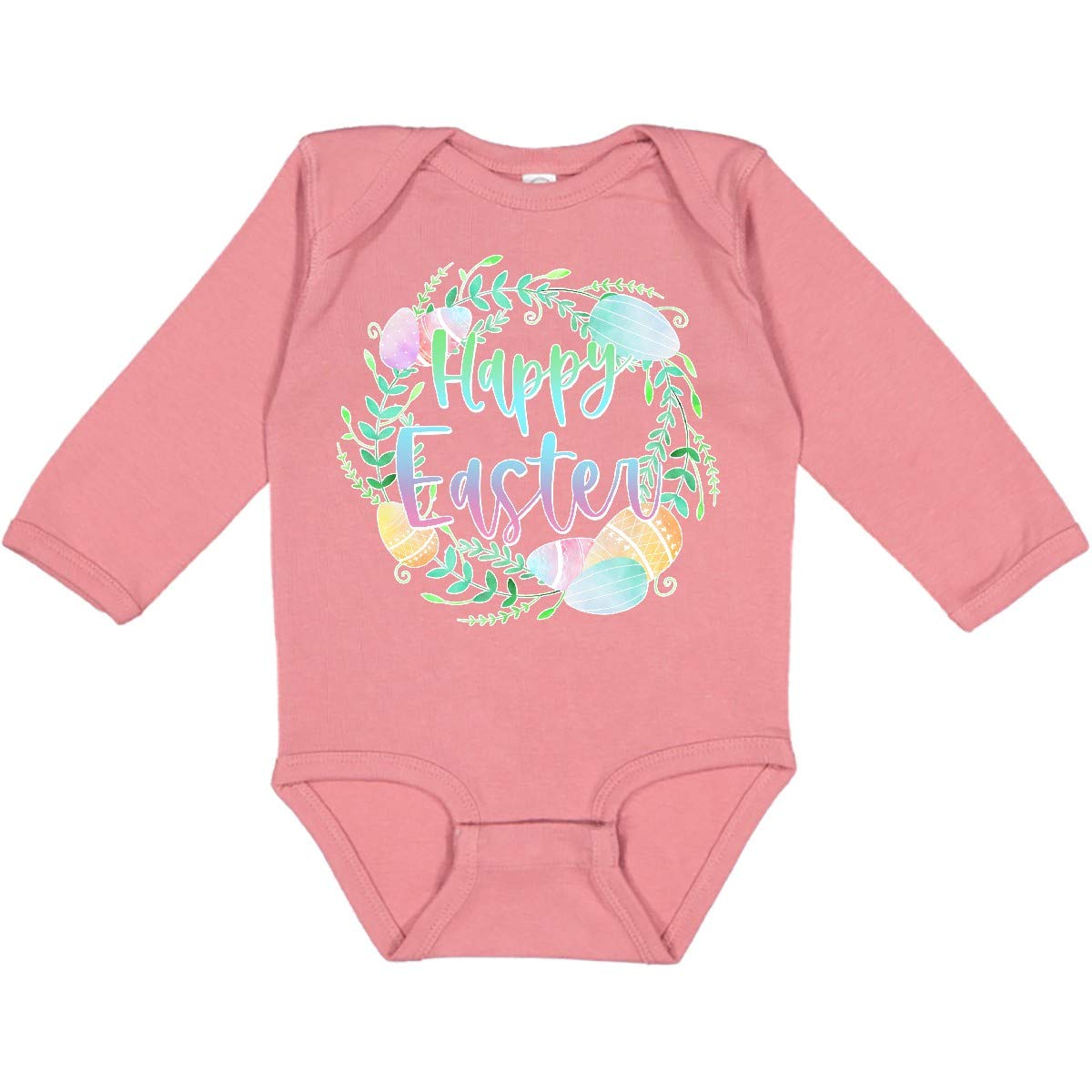 Inktastic Happy Easter Pastel Egg Wreath with Laurels Long Sleeve Baby Bodysuit - Adorable Easter Outfit for Infants, Spring Photoshoots & Holiday Family Gatherings