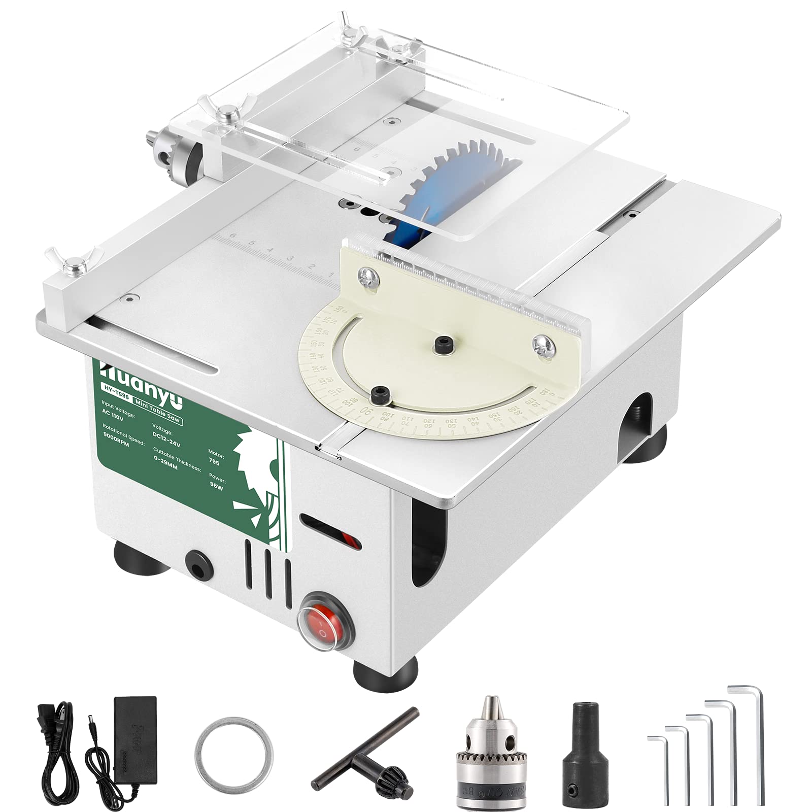 Huanyu 96W Mini Table Saw with 7-Speed Adjustable, 26-29mm Cutting Capacity for Metal/Wood/Board/Acrylic - Includes Saw Blade, Power Supply, Drill Chuck & English Manual - Perfect for Home DIY Projects, Crafting, and Small Workshop Cutting Tasks (Silver)
