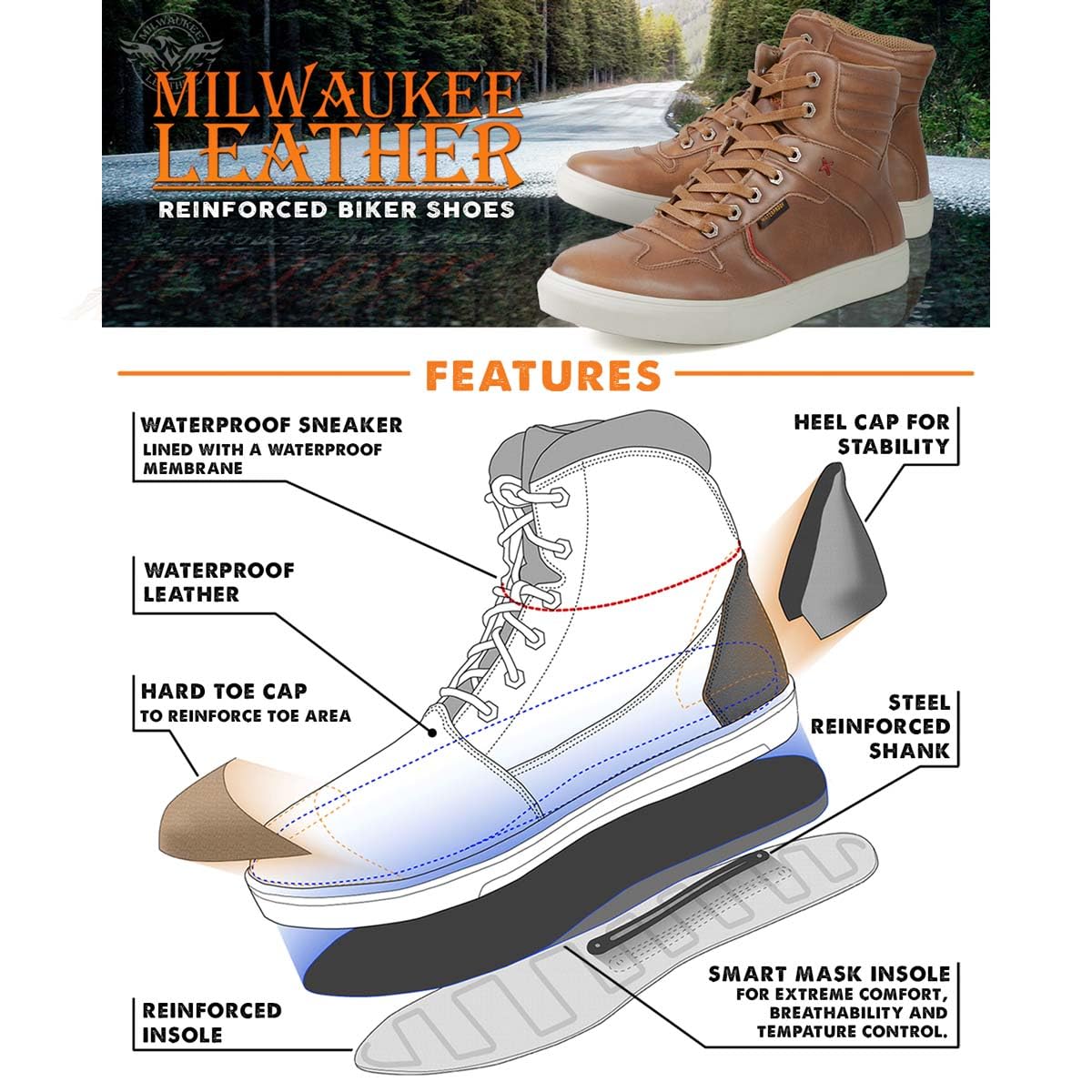 Milwaukee Leather MBM9154 Men's Cognac Leather High-Top Motorcycle Boots - Waterproof, Reinforced & Ankle Support - Size 10 | Durable Riding Shoes for Street Biking & Outdoor Adventures