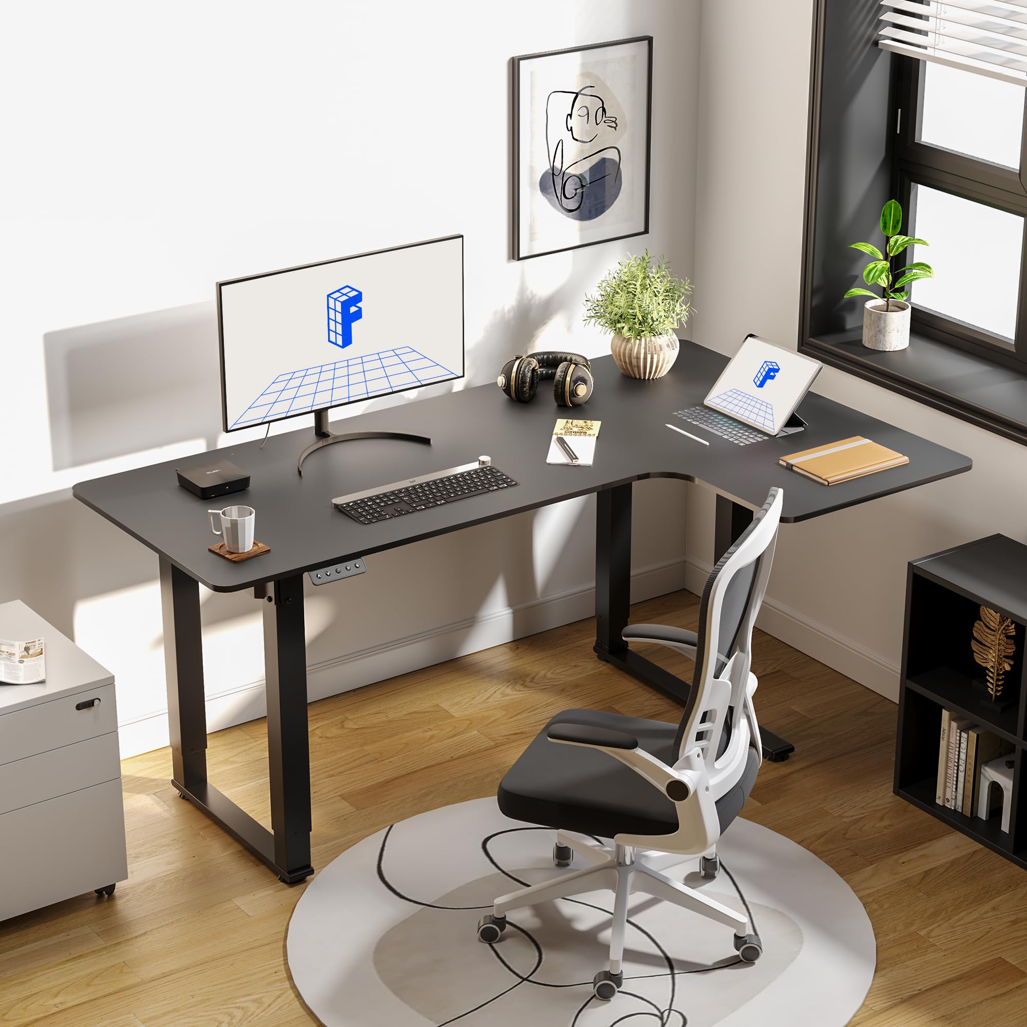 FLEXISPOT Dual Motor L-Shaped Standing Desk - 4 Legs Corner Computer Desk, Electric Height Adjustable Sit to Stand Home Office Table with Splice Board, 63x43 Inches, Black - Perfect for Ergonomic Workspace & Gaming Setup