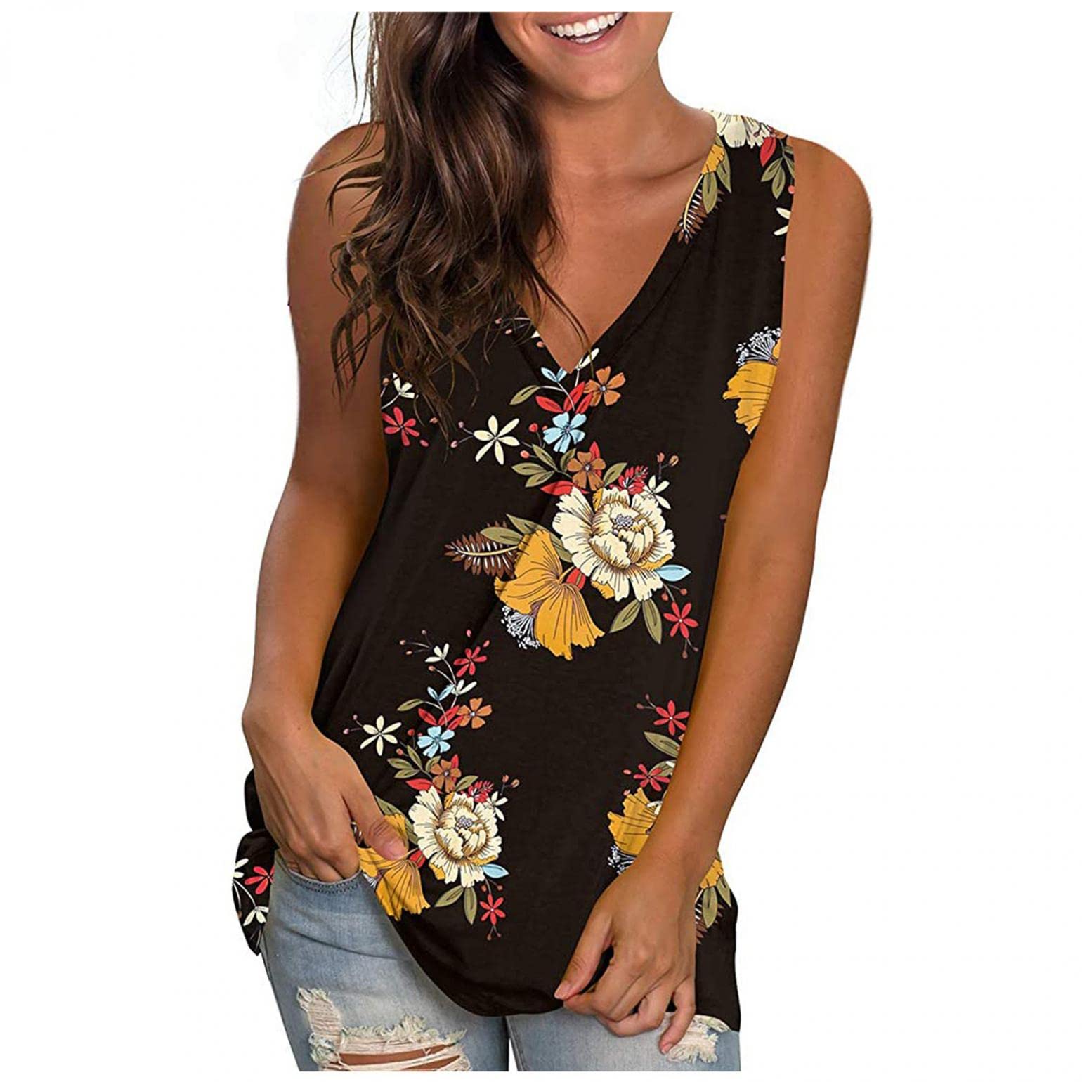 Women's Loose Fit V-Neck Sleeveless Floral Tank Tops with Side Split - Casual Summer Tops for Women, Perfect for Beach, Gym, and Everyday Wear