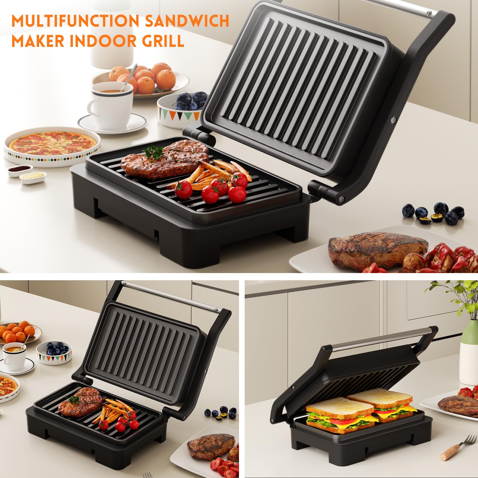 **Electric Panini Press & Indoor Grill - Non-Stick Coated Plates for Sandwiches, Eggs, Ham & Steaks - Compact & Portable for Home, Office & Dorm Use (Grey)**