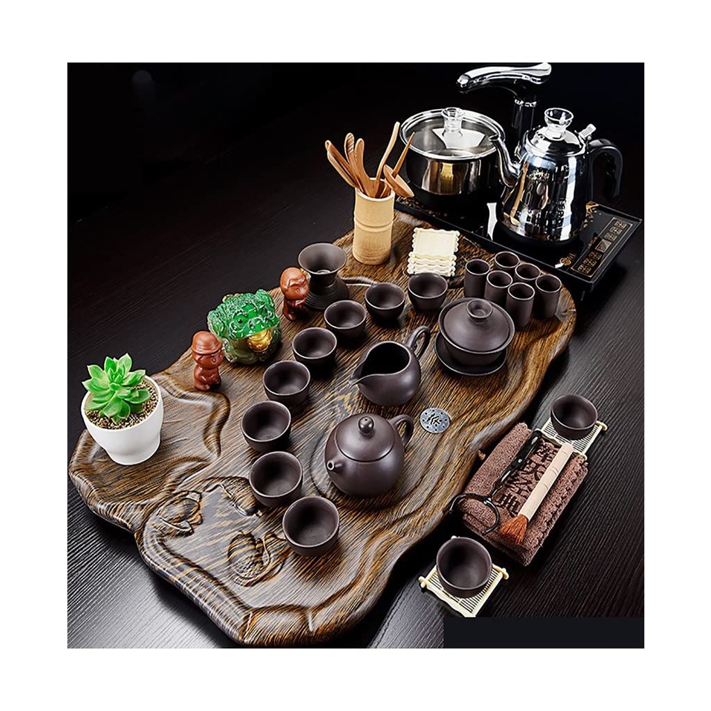 Premium Chinese Kung Fu Tea Set with Solid Wood Tea Tray - Complete Ceremonial Tea Service with Automatic Water Heater, Tea Cups & Drainage System - Perfect for Home Tea Ceremonies, Zen Meditation Spaces & Asian-Themed Decor