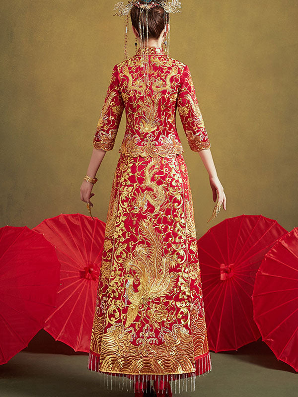 Elegant Red Chinese Wedding Dress Qun Gua with Dragon & Phoenix Embroidery - Traditional Bridal Gown for Tea Ceremony & Reception