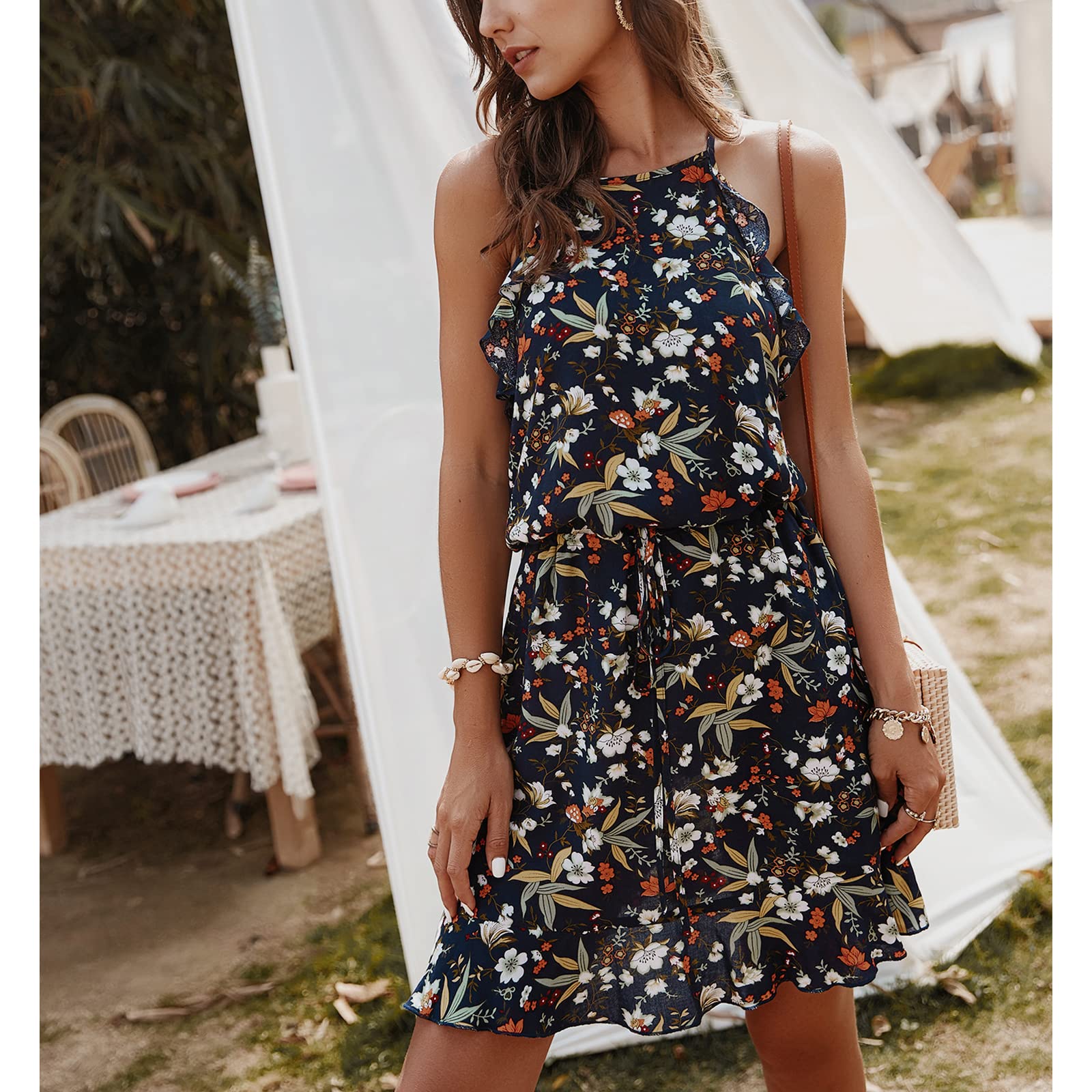 Xaspee Women's Summer Floral Halter Dress - Sexy Sleeveless Mini Dress with Tie Waist | Casual Beach Wear, Party Outfit & Vacation Dress