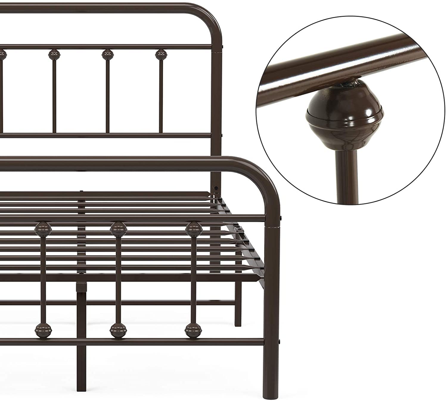 Queen Metal Bed Frame with Headboard & Footboard - Sturdy Steel Farmhouse Bedframe, No Box Spring Needed, Under Bed Storage - Perfect for Kids' Rooms, Guest Bedrooms & Small Spaces (Brown)